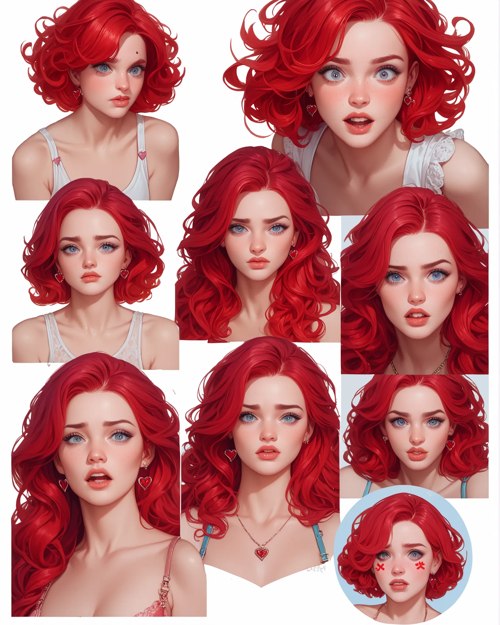 (masterpiece), (detailed image), collage art, facial focus, 1 woman with red hair, wearing a top with a heart-shaped neckline, many different expressions, joy, anger, sadness, malice, fear, surprise and shame, transparent background, no background