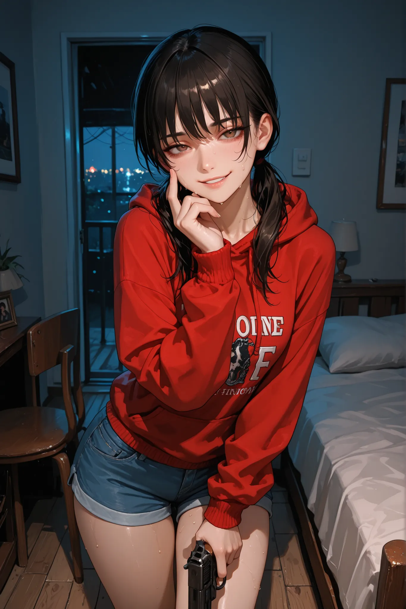 masterpiece , Best Quality , photo the cowboy , alone , 1 girl , mitaka asa , long hair , low ponytails , brown eyes , seductive look , ironic smile , sweat , portrait looking at viewer , standing , holding gun , firearm , hand up , red sweater , hood down...