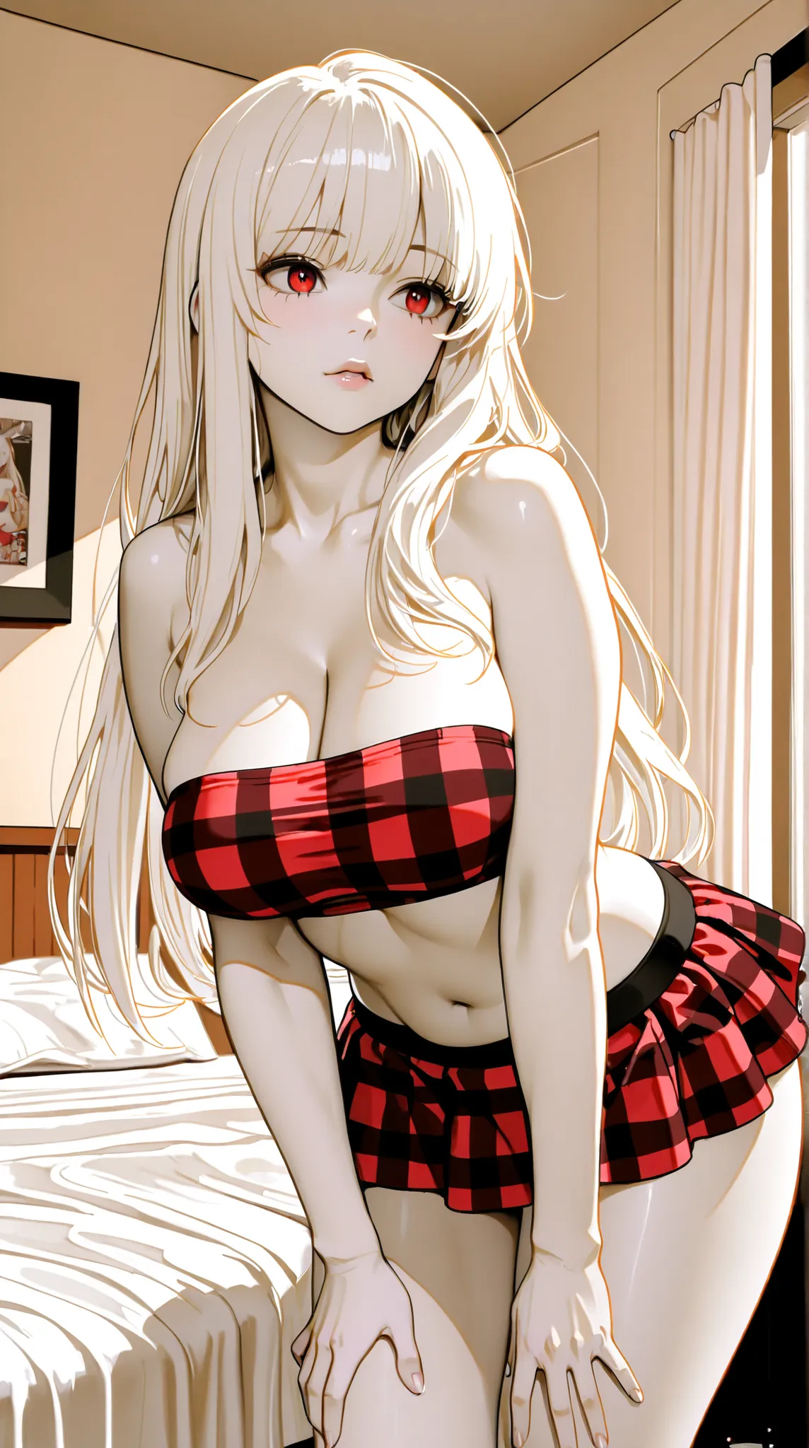 A voluptuous anime girl in erotic manga style, standing in a softly lit bedroom. She has long, straight platinum blonde hair flowing past her chest. She wears a tight red bandeau top that barely holds her large breasts, and a short red plaid micro-skirt wi...
