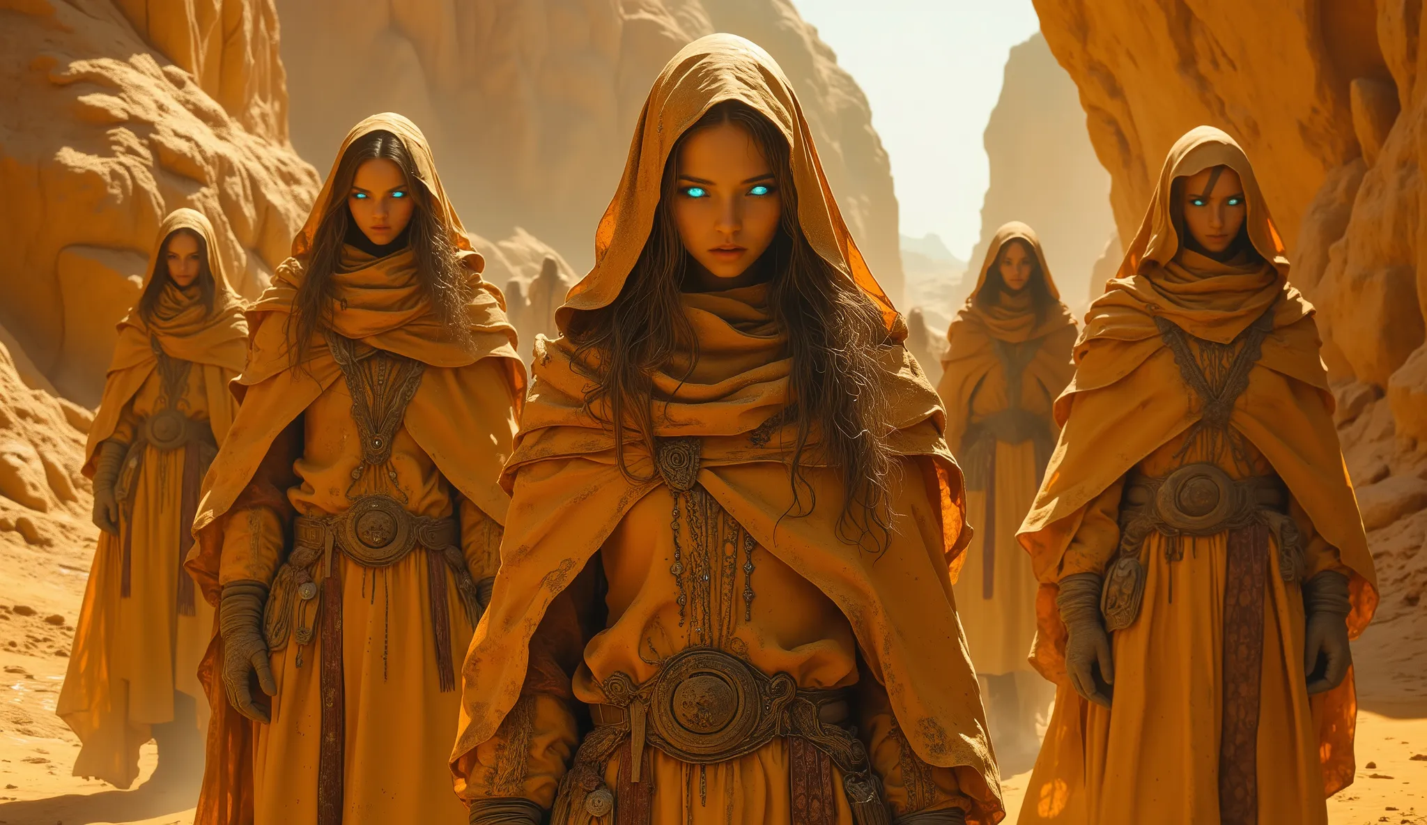 A group of Fremen stand watchfully in a narrow sandstone canyon under the harsh Arrakis sun, each wearing layered desert cloaks and stillsuits dusted with sand. Every Fremen has glowing blue-on-blue eyes from deep spice exposure, clearly visible even benea...