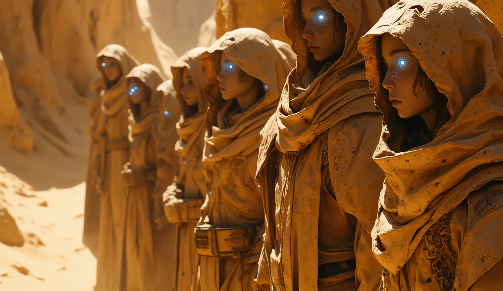 a cluster of Fremen warriors stands silently in the shade of a narrow ravine at the edge of a desert escarpment. They wear sand-colored stillsuits with weather-stained robes that blend seamlessly into the rock and dust. Their hoods are partially pulled bac...
