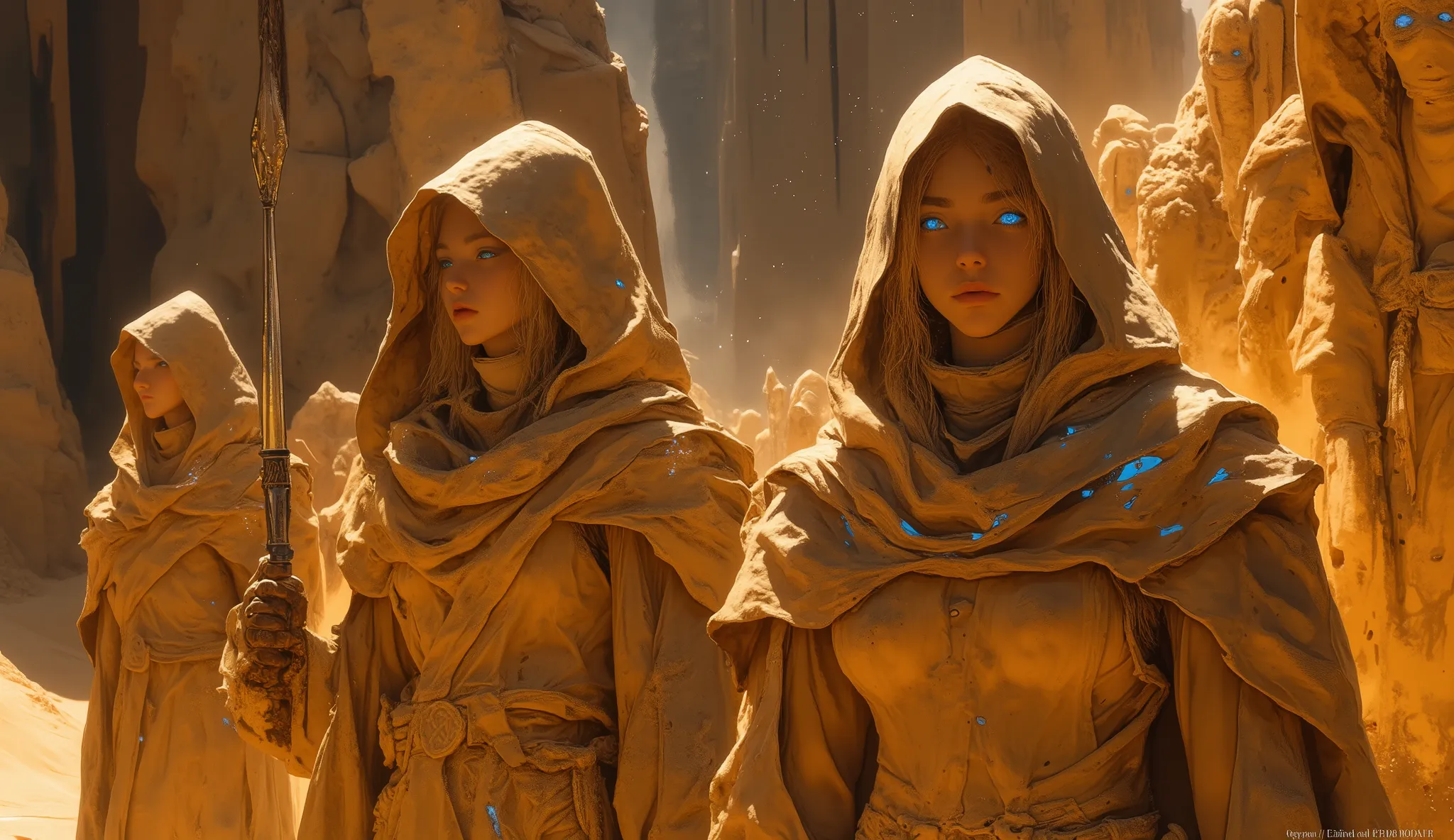 a cluster of Fremen warriors stands silently in the shade of a narrow ravine at the edge of a desert escarpment. They wear sand-colored stillsuits with weather-stained robes that blend seamlessly into the rock and dust. Their hoods are partially pulled bac...