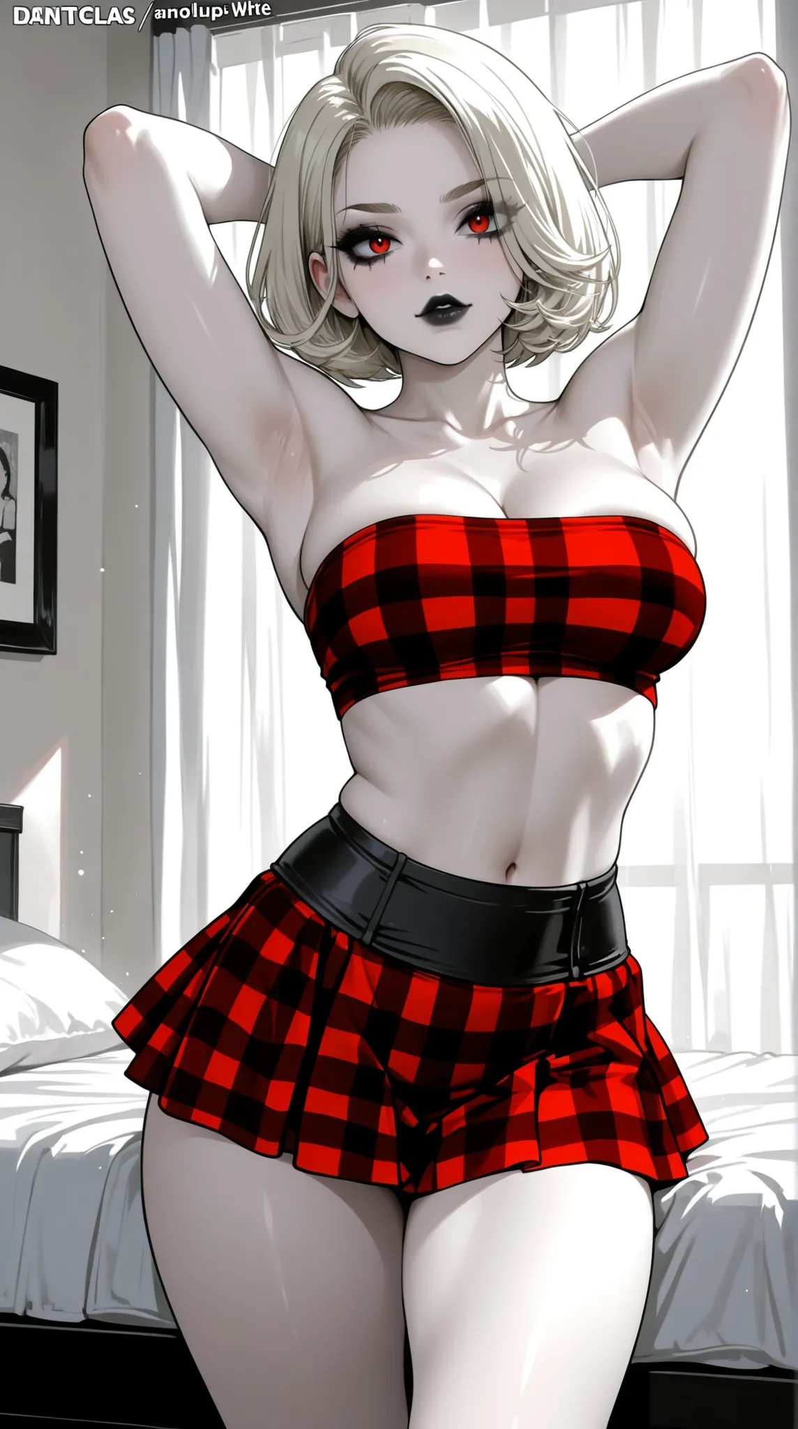 A voluptuous anime girl in erotic manga style, standing in a softly lit bedroom. She has long, straight platinum blonde hair and is lifting her hands to adjust it — one hand behind her head, the other brushing through the front. Her tight red bandeau top b...