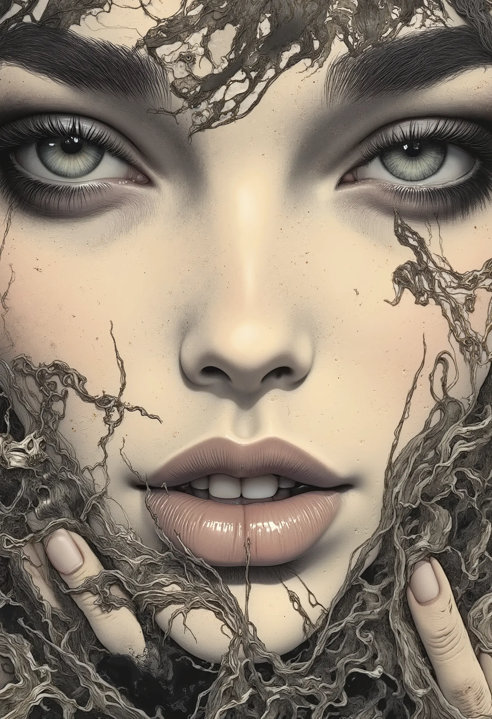 hyperrealistic porcelain texture, dramatic black eyeshadow, dark surreal aesthetic, gothic dreamlike atmosphere, smooth skin, artistic haunting style.
The textures are finely detailed, from the smoothness of her skin to the softness of her hair, The artwor...