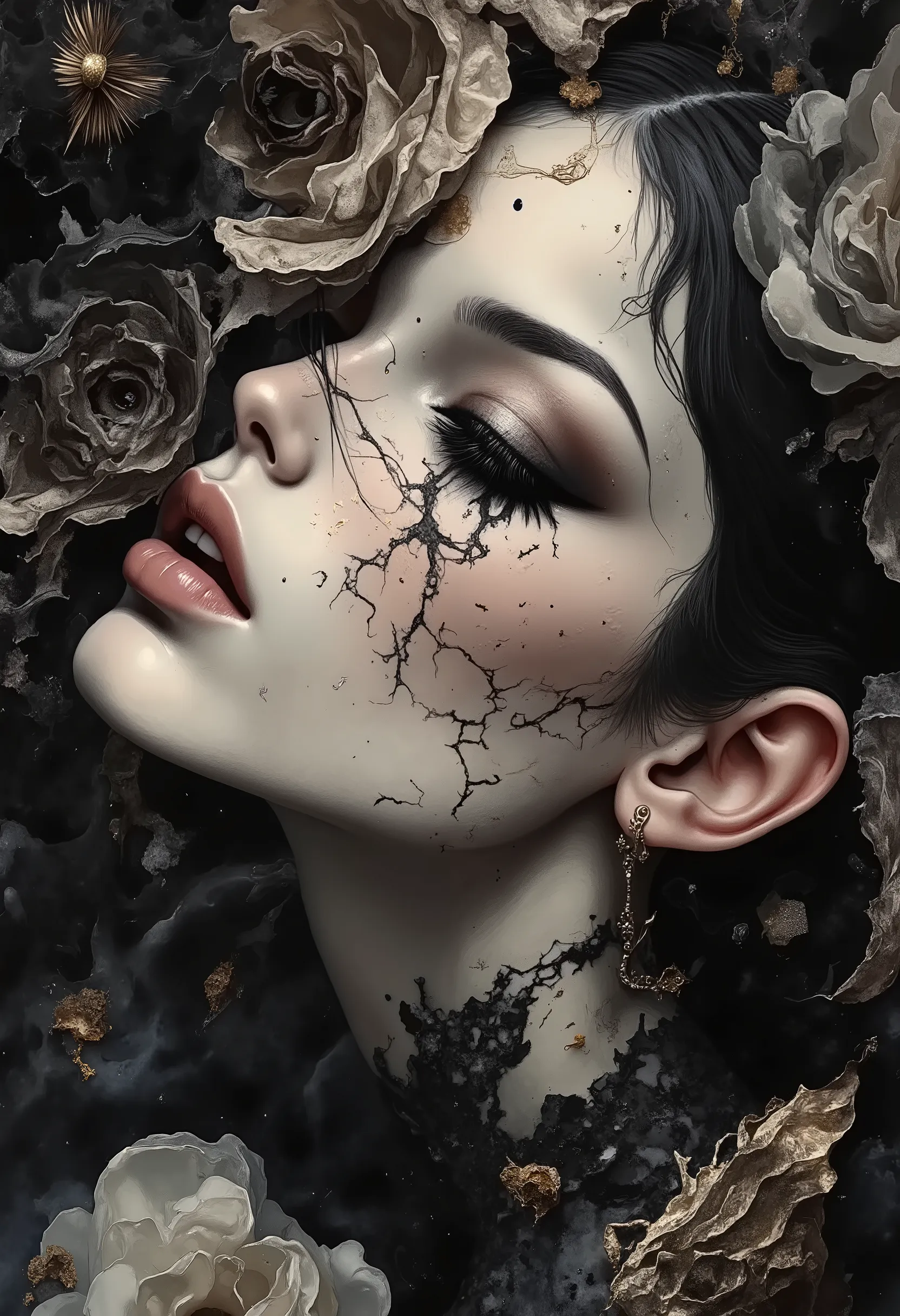 hyperrealistic porcelain texture, dramatic black eyeshadow, dark surreal aesthetic, gothic dreamlike atmosphere, smooth skin, artistic haunting style.
The textures are finely detailed, from the smoothness of her skin to the softness of her hair, The artwor...