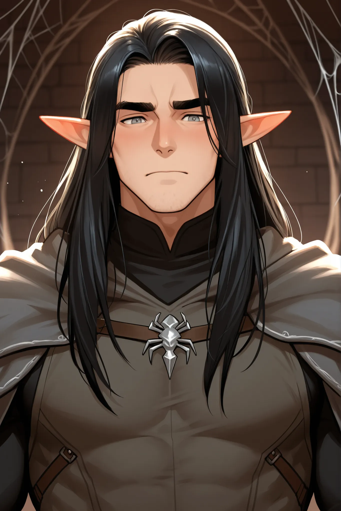 dark fantasy; elf; boy, guy мужчина; Strong low body; Height 170 cm; Weight 70 kg; Long black hair, thick eyebrows, грустные grey eyes, lots of body hair; Парень elf solo; Dressed openly; gay; shy, careful in communication, anxious and fearful; Loves spide...