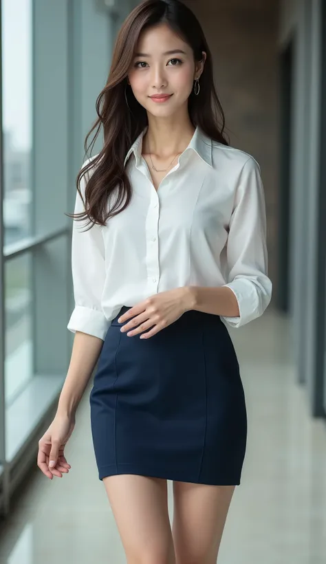  ((full body image)), ((head to toe:1.5)), is a sexy beautiful Japanese woman , 5,  OL , business suit,  ribbon,  white blouse,  dark blue mini tight skirt, Skirt Length：15 cm above the knee, (light brown pantyhose:1.5), black enamel high heels ,  Long Hai...
