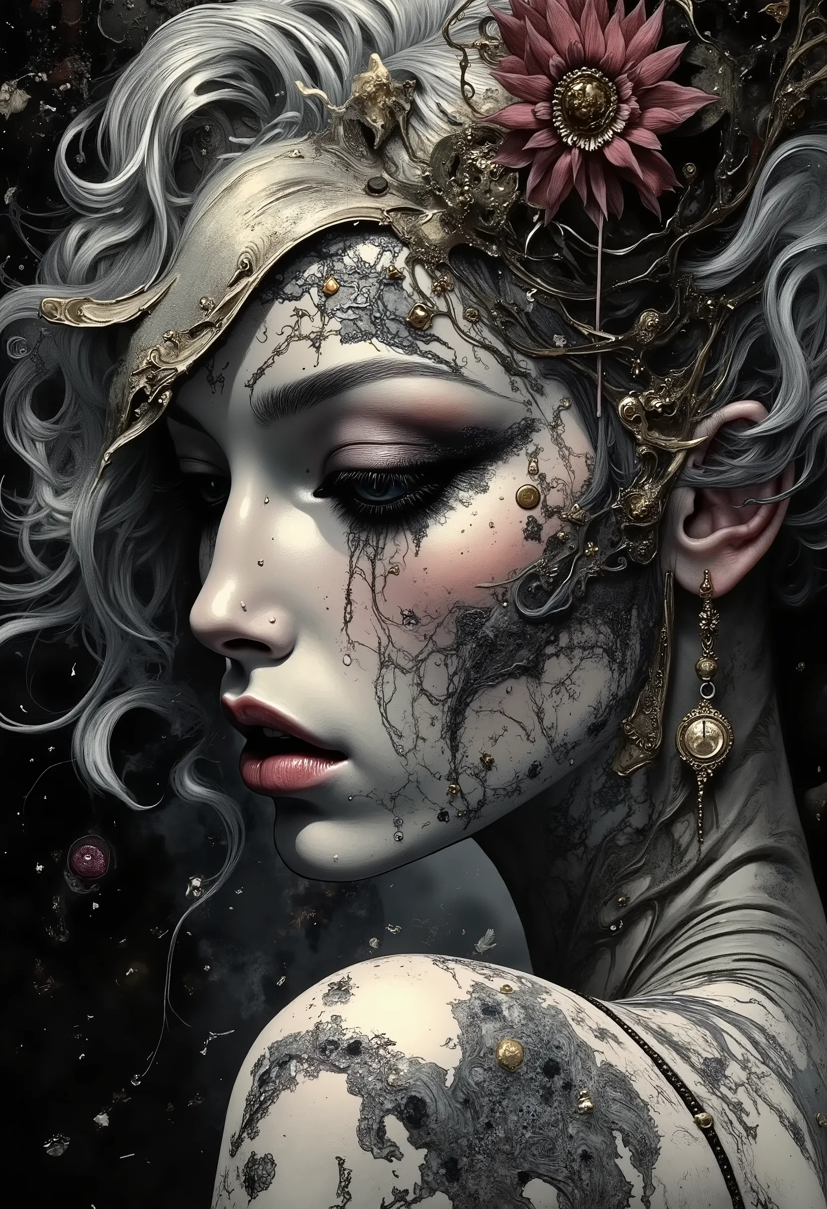 hyperrealistic porcelain texture, dramatic black eyeshadow, dark surreal aesthetic, gothic dreamlike atmosphere, smooth skin, artistic haunting style.
The textures are finely detailed, from the smoothness of her skin to the softness of her hair, The artwor...