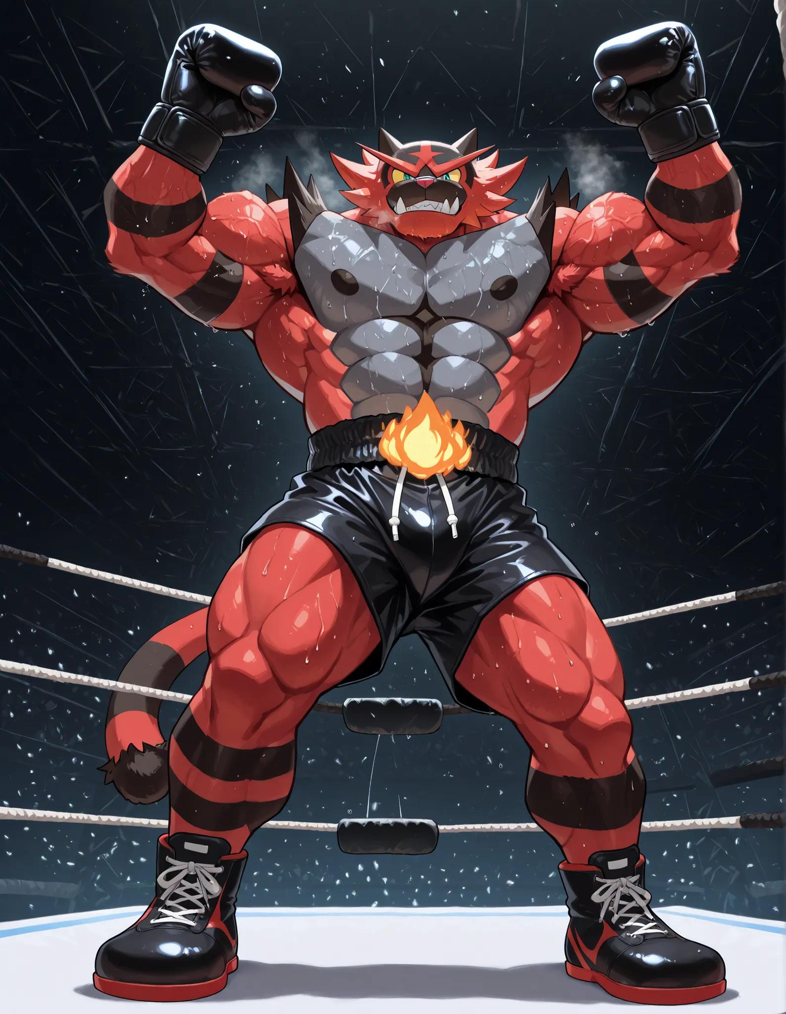 Incineroar, anthro male, high quality, full body, looking down at viewer, looking up from directly below, solo, boxing ring background, black boxing gloves, thick very veiny arms, very muscular, black boxing shorts, black boxing shoes, heavyweight boxing c...