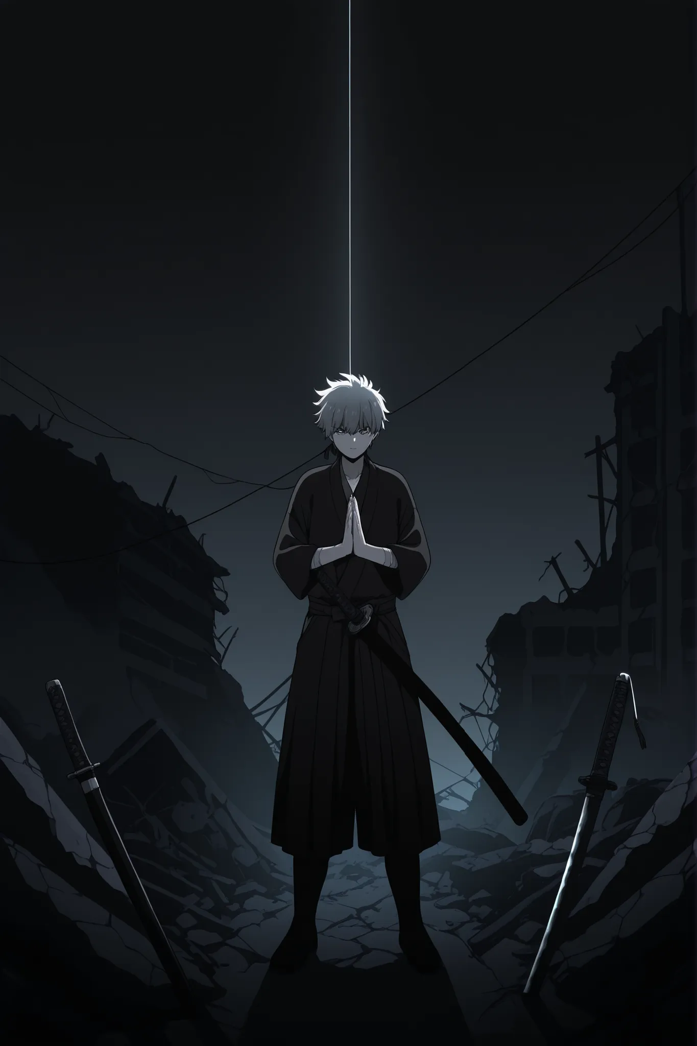 A samurai praying to a katana in ruins and a string of dynamic light on the katana (dark theme+ anime style)