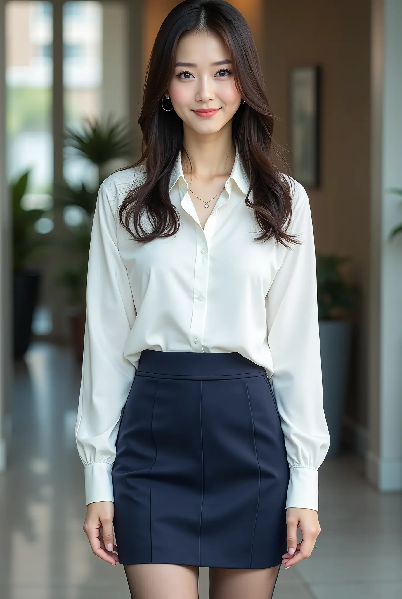  ((full body image)), ((head to toe:1.5)), is a sexy beautiful Japanese woman , 5,  OL , business suit,  ribbon,  white blouse,  dark blue mini tight skirt, Skirt Length：15 cm above the knee, (light brown pantyhose:1.5), black enamel high heels ,  Long Hai...