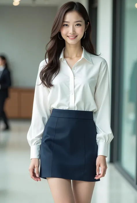  ((full body image)), ((head to toe:1.5)), is a sexy beautiful Japanese woman , 5,  OL , business suit,  ribbon,  white blouse,  dark blue mini tight skirt, Skirt Length：15 cm above the knee, (light brown pantyhose:1.5), black enamel high heels ,  Long Hai...
