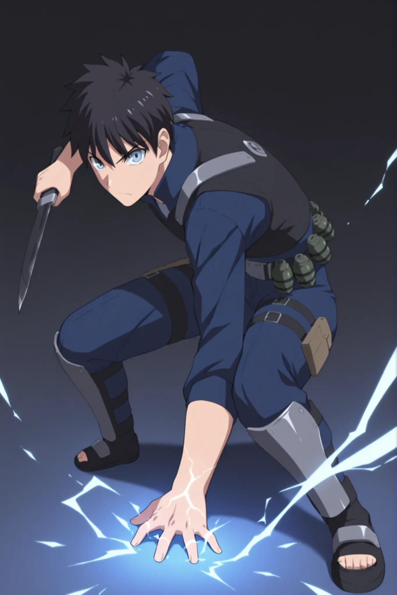 (masterpiece,best quality,ultra_detailed,highres,absurdres:1.2,amazing quality,very aesthetic),tohno shiki,1boy,solo,black hair,short hair,blue eyes,serious,,blue black pants,holding knife, knife fighting stance,full body, dark thick high collar black armo...