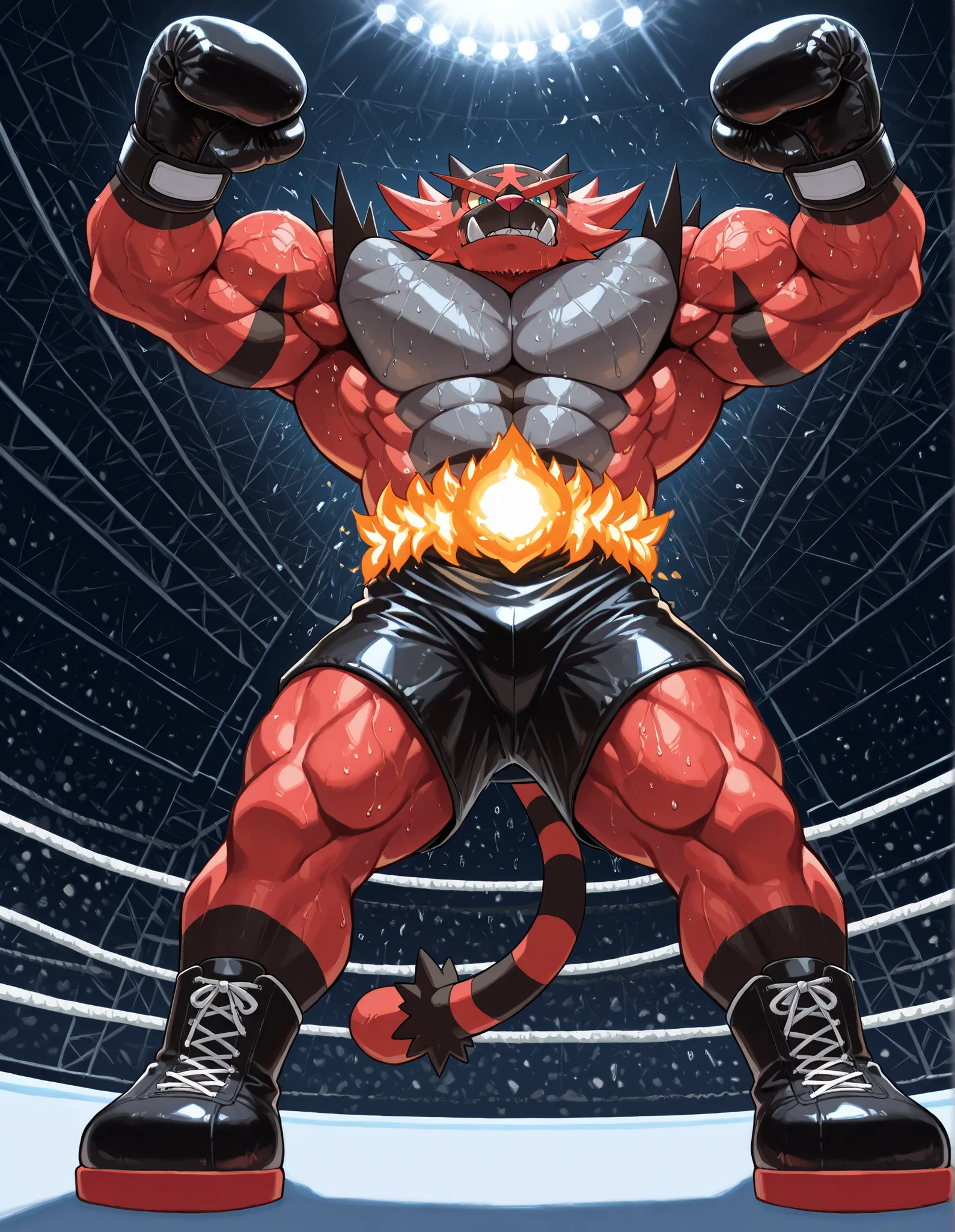 Incineroar, anthro male, high quality, full body, looking down at viewer, looking up from directly below, solo, boxing ring background, black boxing gloves, thick very veiny arms, very muscular, black boxing shorts, black boxing shoes, heavyweight boxing c...