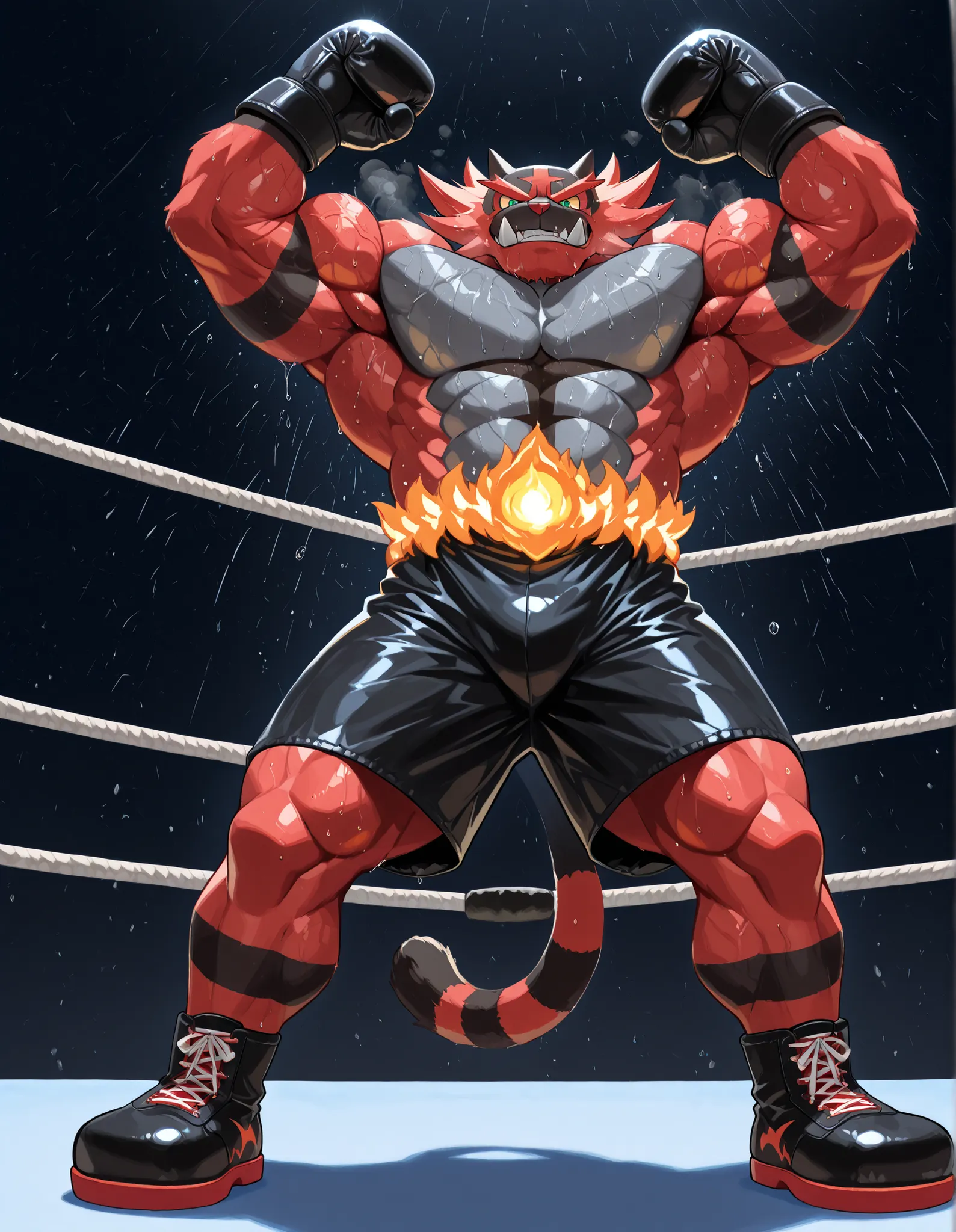 Incineroar, anthro male, high quality, full body, looking down at viewer, looking up from directly below, solo, boxing ring background, black boxing gloves, thick very veiny arms, very muscular, black boxing shorts, black boxing shoes, heavyweight boxing c...