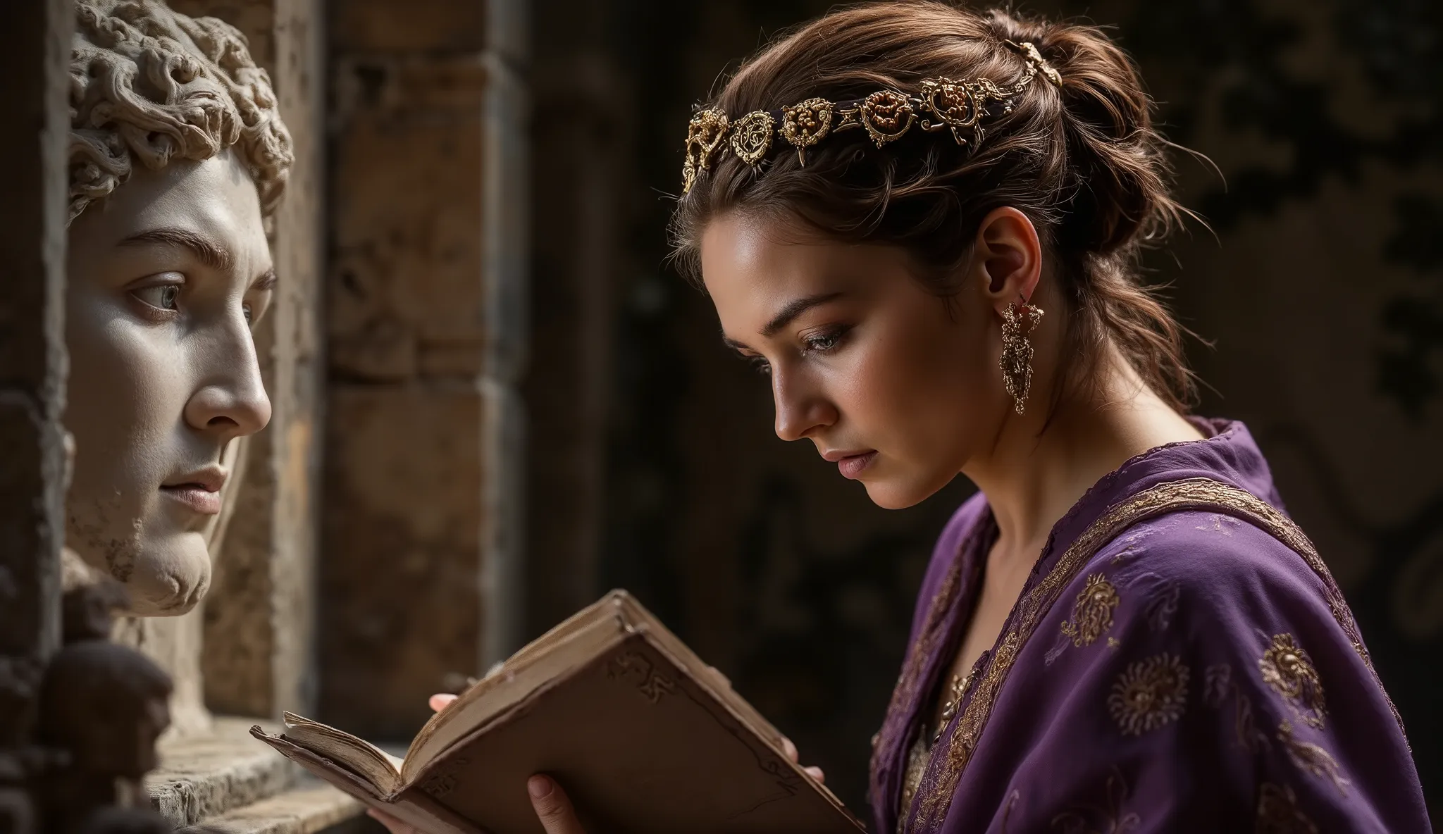 Hellenistic Macedonian princess in dramatic close-up, royal robes of purple silk with gold embroidery fluttering softly framing her classical profile. Gold tiara with Stoic symbols of the cosmos. Facial expression of serene determination and perfect emotio...