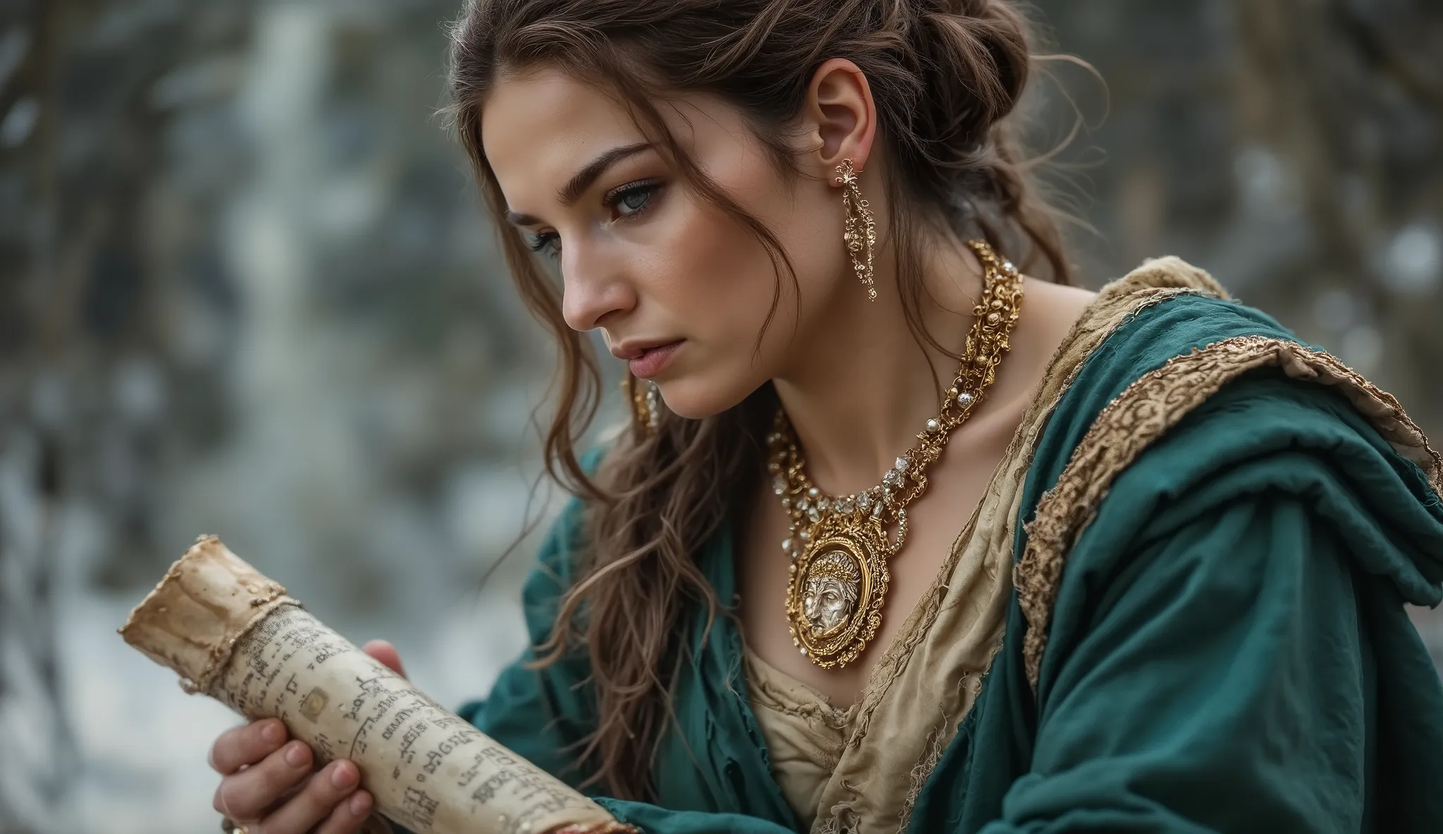 Roman-Greek queen in powerful royal posture, multi-layered imperial robes in shades of emerald green and gold fluttering dynamically as if frozen in time. Small medallion with portrait of Epictetus around her neck. Hair elaborately arranged with pearls and...