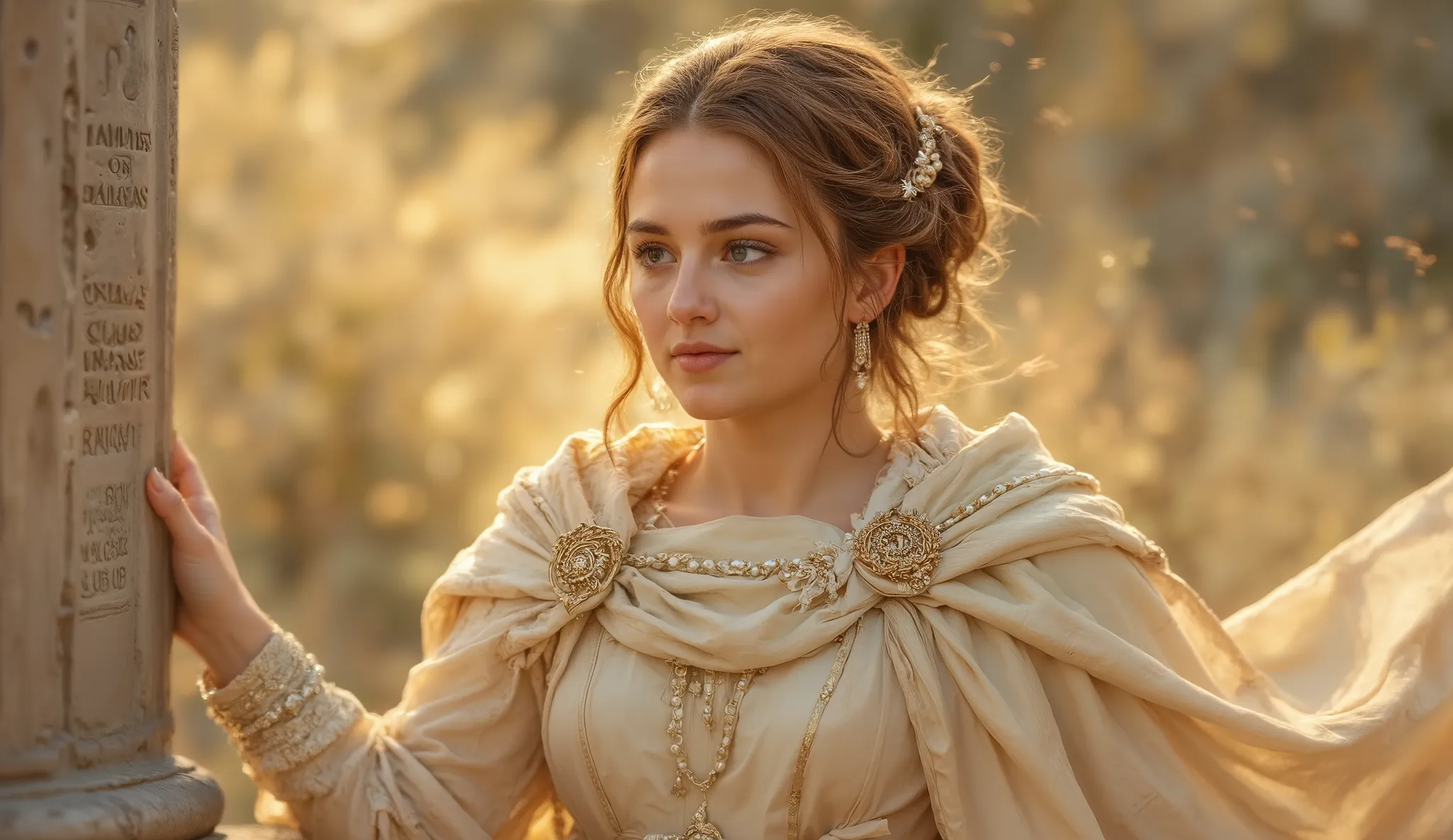Young Roman noblewoman in graceful movement, luxurious stole and palla in overlapping layers of white and gold fluttering dramatically around her. Ring with Stoic symbol of universal reason visible on her elegantly positioned hand. Hair arranged in elabora...