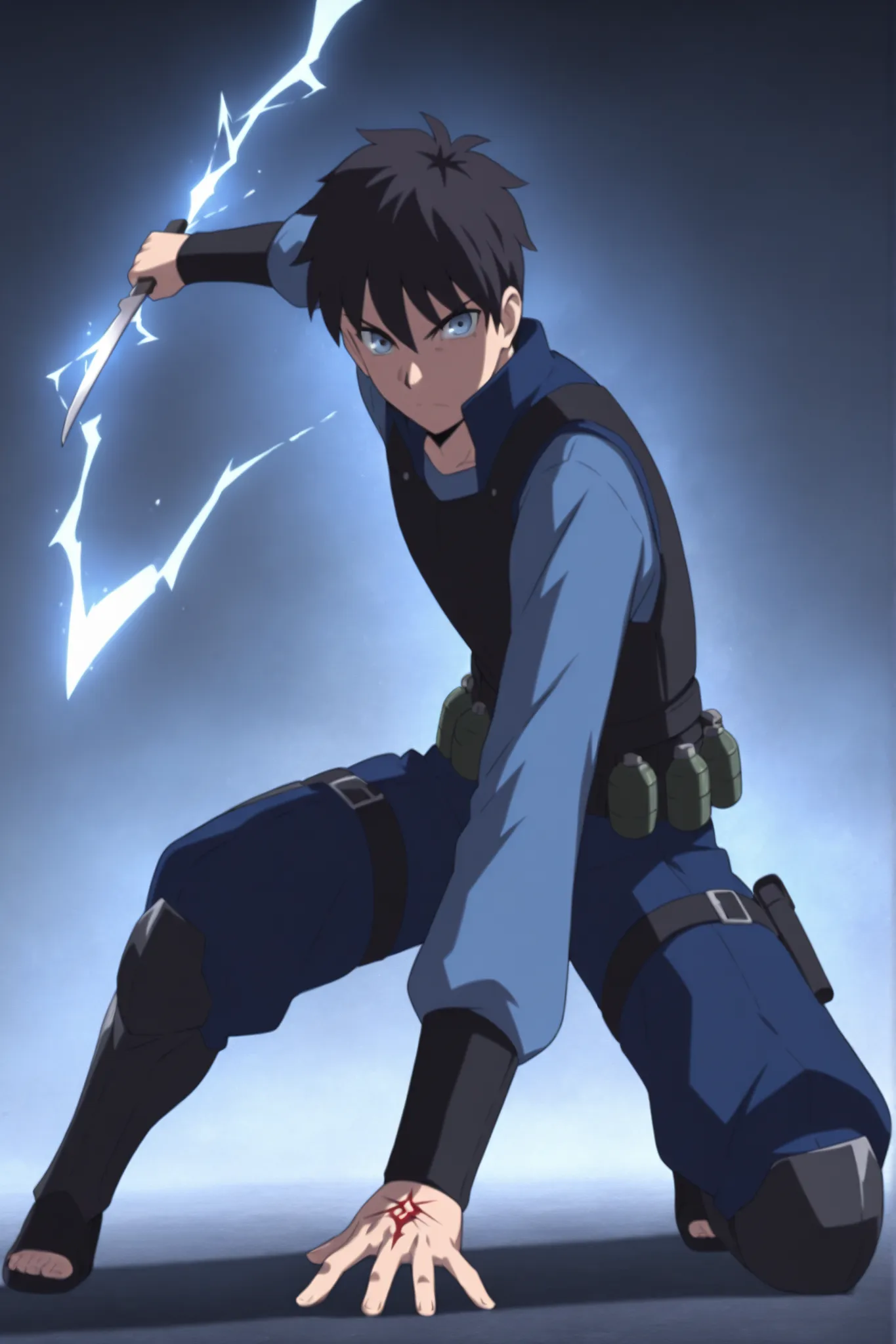(masterpiece,best quality,ultra_detailed,highres,absurdres:1.2,amazing quality,very aesthetic),tohno shiki,1boy,solo,black hair,short hair,blue eyes,serious,,blue black pants,holding knife, knife fighting stance,full body, dark thick high collar black armo...