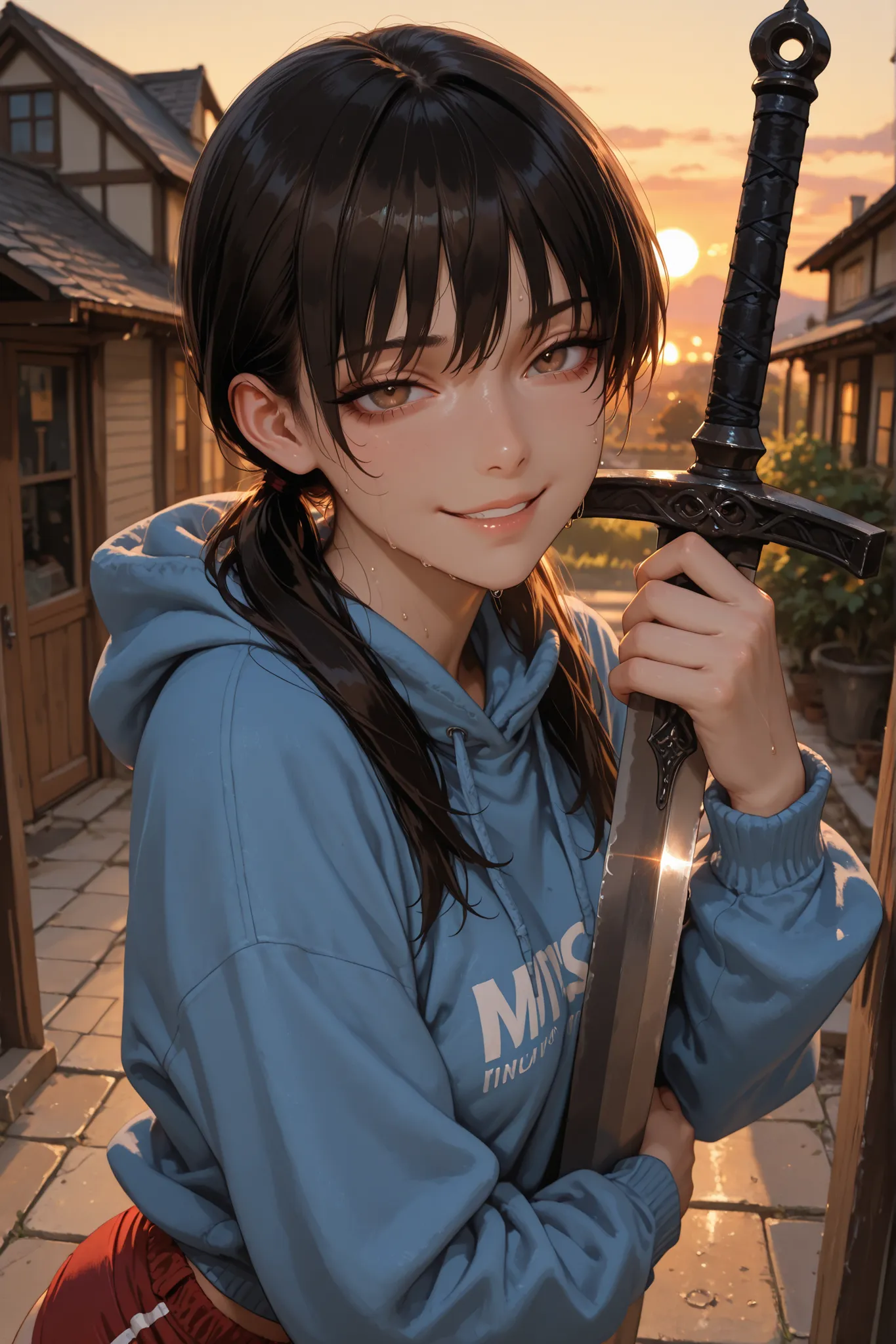  masterpiece , Best Quality , photo the cowboy, 1 girl , mitaka asa , long hair , low ponytails , brown eyes , seductive look , ironic smile , sweat , portrait looking at viewer , standing , sword with black blade, holding a sword in his right hand, hand u...