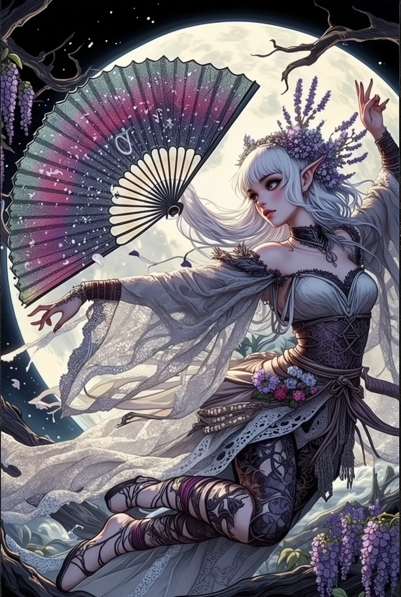 (Ultra-detailed face, Looking Away, Gothic Illustration, Dark Tone Colors. One thumb and four fingers.) , BREAK
(A dark elf female martial artist twists and turns her body in large movements as she walks, fluttering a medieval Japanese rainbow-colored fan...
