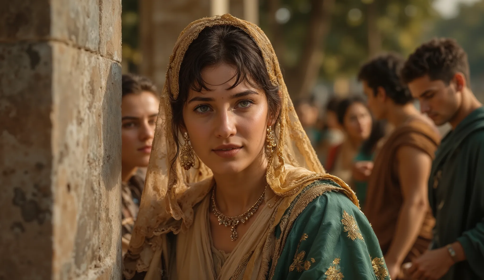 A Greek noblewoman at a banquet, partially obscured by a marble column, surveying the guests. She wears an emerald green silk chiton with gold embroidery and a translucent veil falling over one shoulder. Discreet gold and emerald jewelry adorns her neck an...