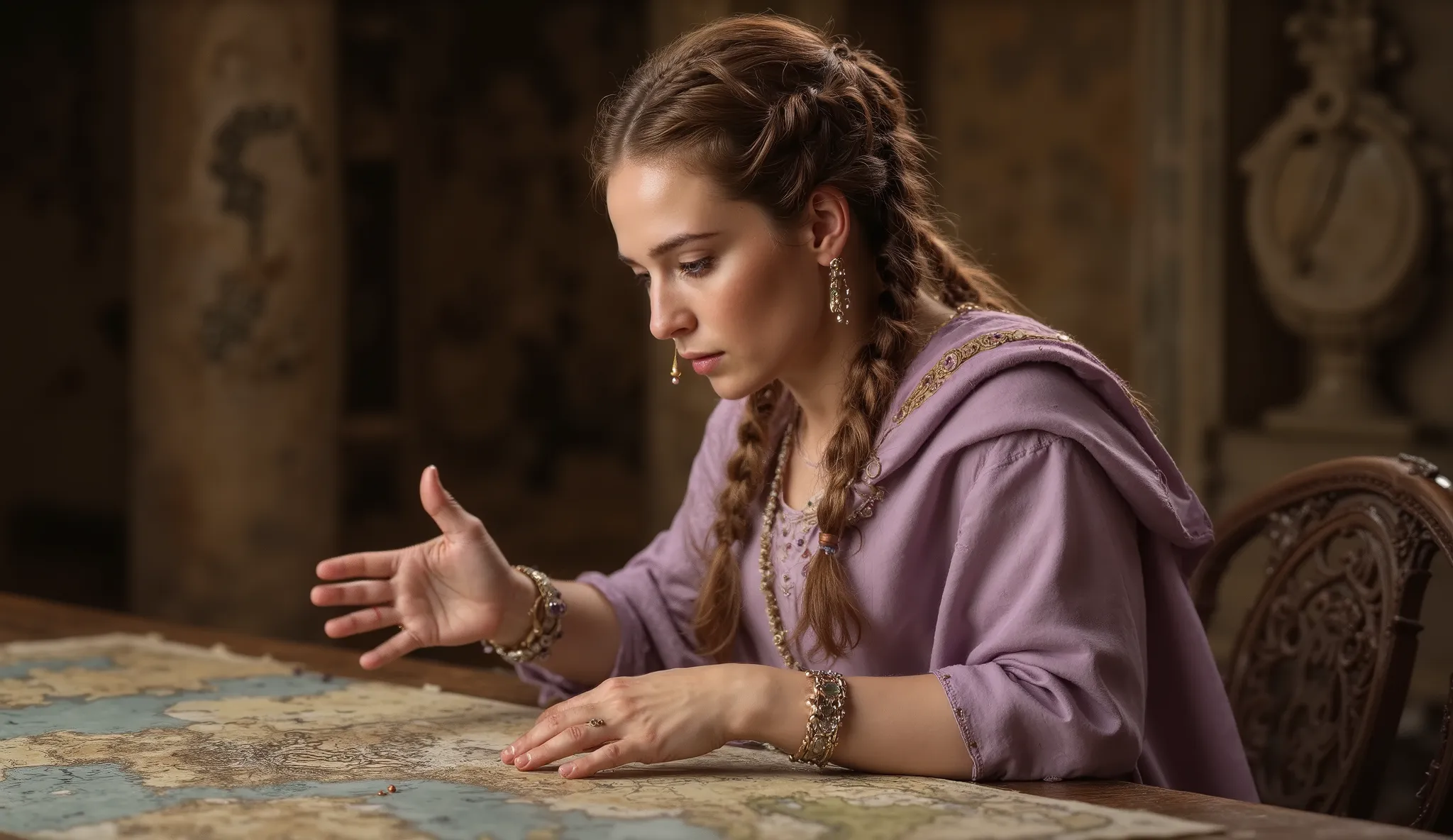 A Roman diplomat during an important negotiation, wearing a lilac silk stole with gold thread embroidery around the edges and amethyst and pearl jewelry. She stands before a table with maps, one hand gesturing subtly while her gaze conveys determination an...