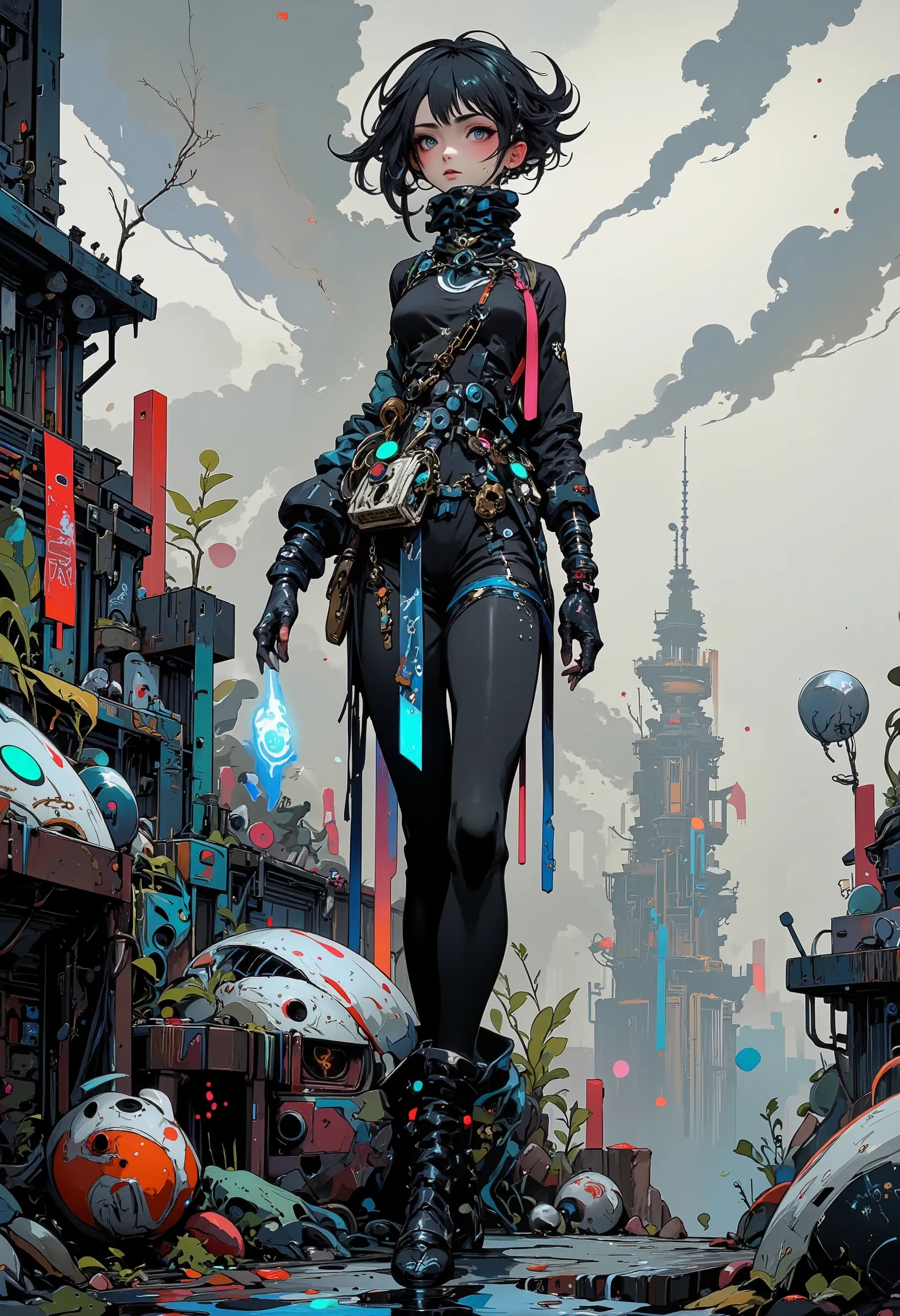 anime, niji, (off-center composition, dynamic left aligned composition), A woman in a futuristic, high-collared coat stands on a windswept hill, overlooking a dystopian city. Her hair is slicked back. The coat glows faintly with neon threads, and the wind ...