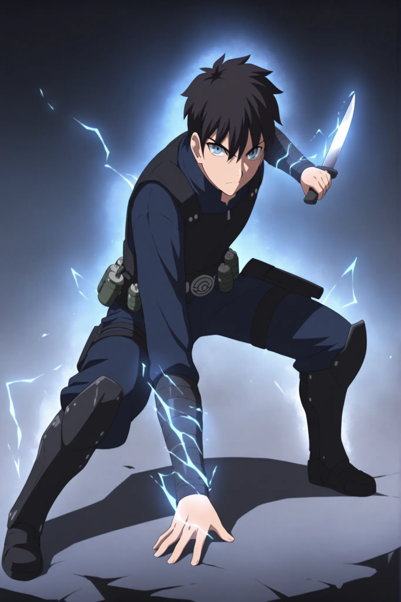 (masterpiece,best quality,ultra_detailed,highres,absurdres:1.2,amazing quality,very aesthetic),tohno shiki,1boy,solo,black hair,short hair,blue eyes,serious,,blue black pants,holding knife, knife fighting stance,full body, dark thick high collar black armo...