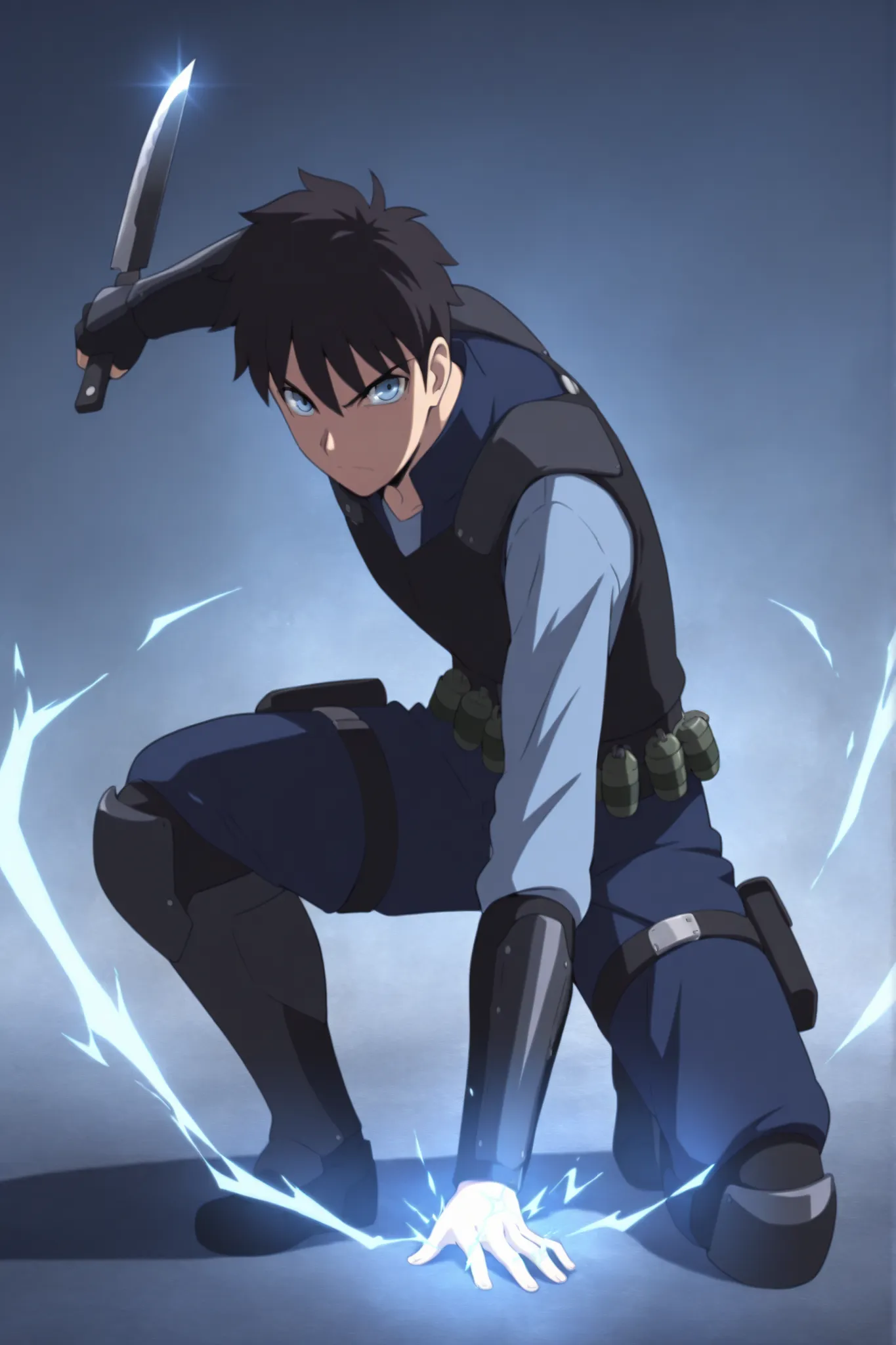 (masterpiece,best quality,ultra_detailed,highres,absurdres:1.2,amazing quality,very aesthetic),tohno shiki,1boy,solo,black hair,short hair,blue eyes,serious,,blue black pants,holding knife, knife fighting stance,full body, dark thick high collar black armo...