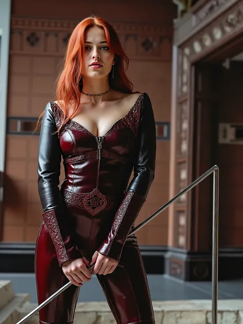 Masterpiece, an ultra hot gorgeous European woman. 3. She’s a playmate,men magazine model.(((Redhead in intricate dark red leather dress and tigh high dark red leather boots standing in the entrance to a hogwarts classroom, photographie))) softlighting, Co...