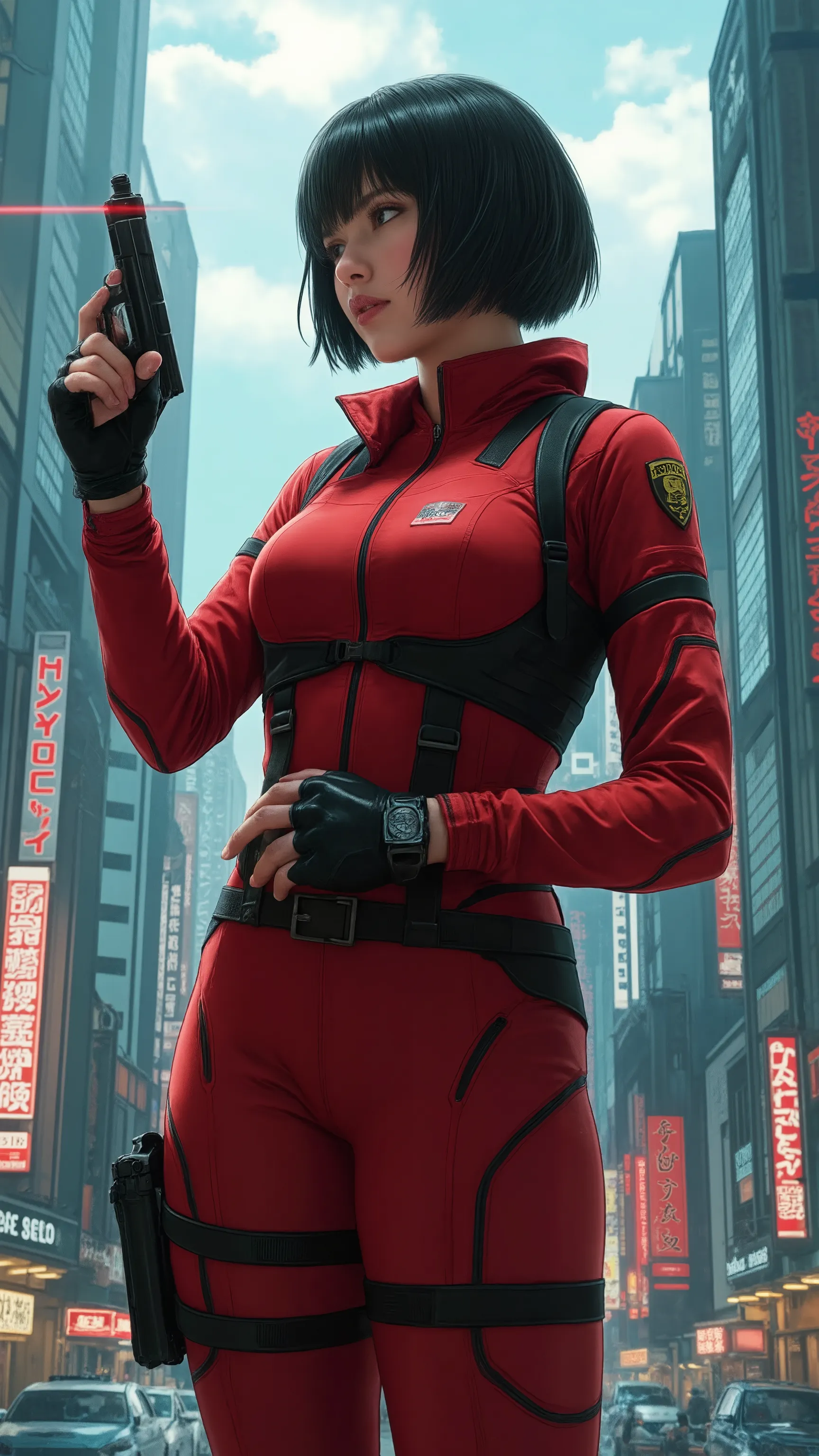 (masterpiece,Exceptional Quality,Mirror-like,cinematic experience,Very Detailed,Absard Dress),8k,wallpaper,,(best illustration:2.0),(One person girl:2.0),(Motoko Kusanagi:2.0),(Ghost in the Shell world view:2.0),(red tactical bodysuit:2.0),( オレンジ色のbulletpr...