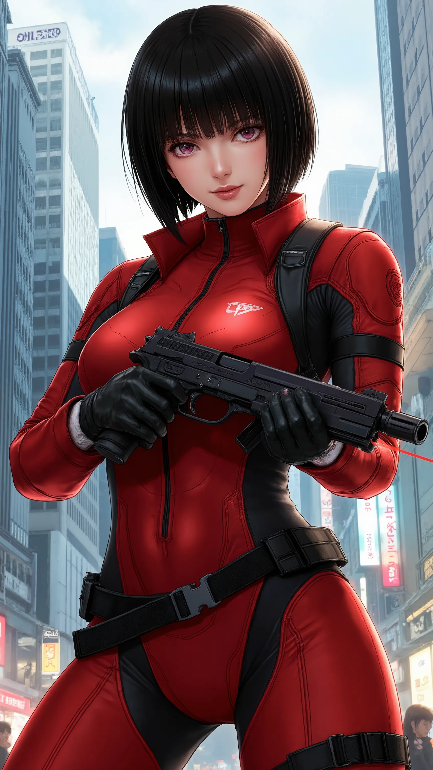 (masterpiece,Exceptional Quality,Mirror-like,cinematic experience,Very Detailed,Absard Dress),8k,wallpaper,,(best illustration:2.0),(One person girl:2.0),(Motoko Kusanagi:2.0),(Ghost in the Shell world view:2.0),(red tactical bodysuit:2.0),( オレンジ色のbulletpr...