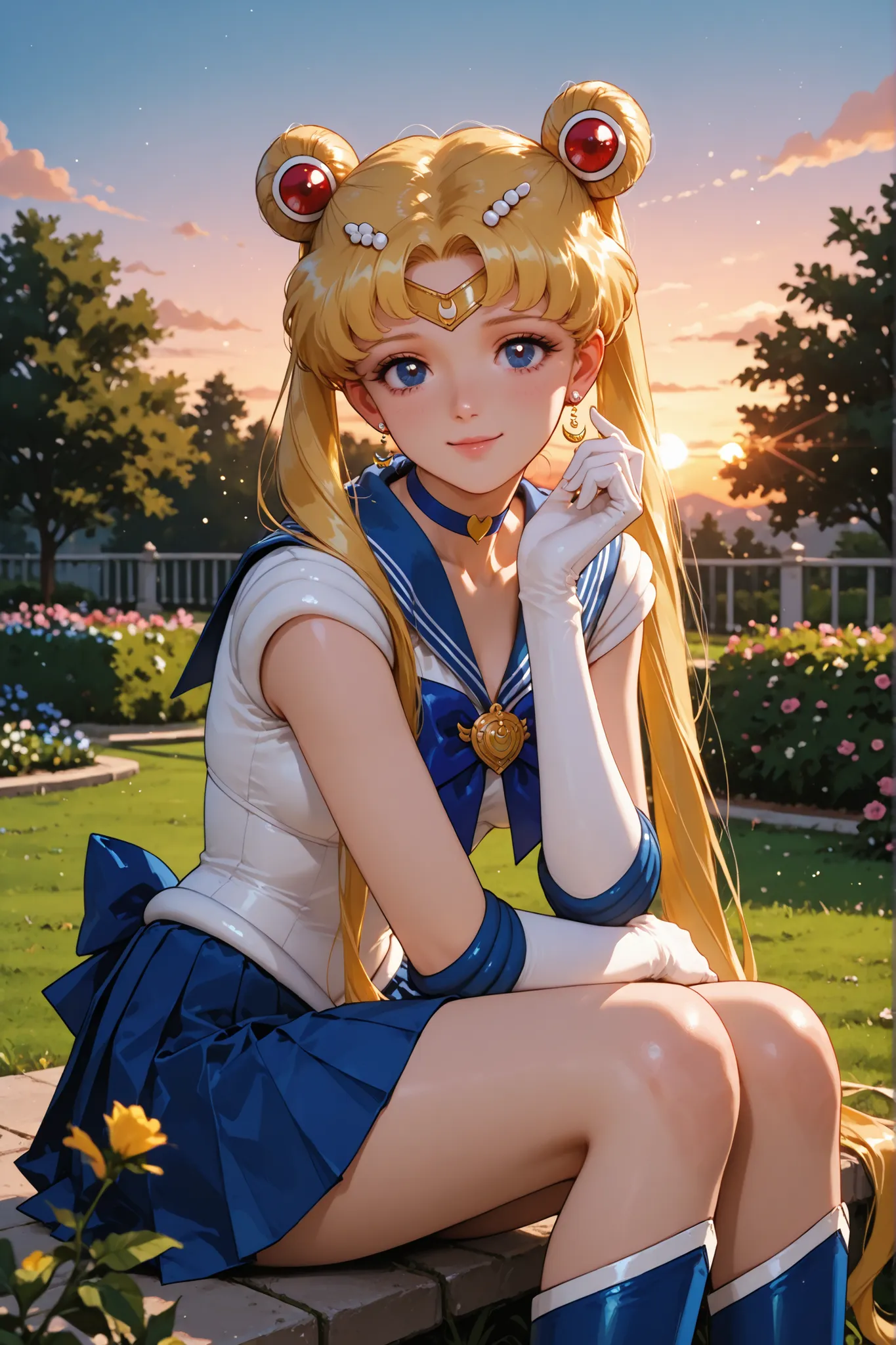 1girl, tsukino usagi, sailor moon, blonde hair, double bun, twintails, blue eyes, circlet, earring, blue eyes, royalblue choker, royal blue sailor collar, deeppink bowtie, white shirt, white elbow gloves, royalblue skirt, pleated skirt, deeppink boots, out...