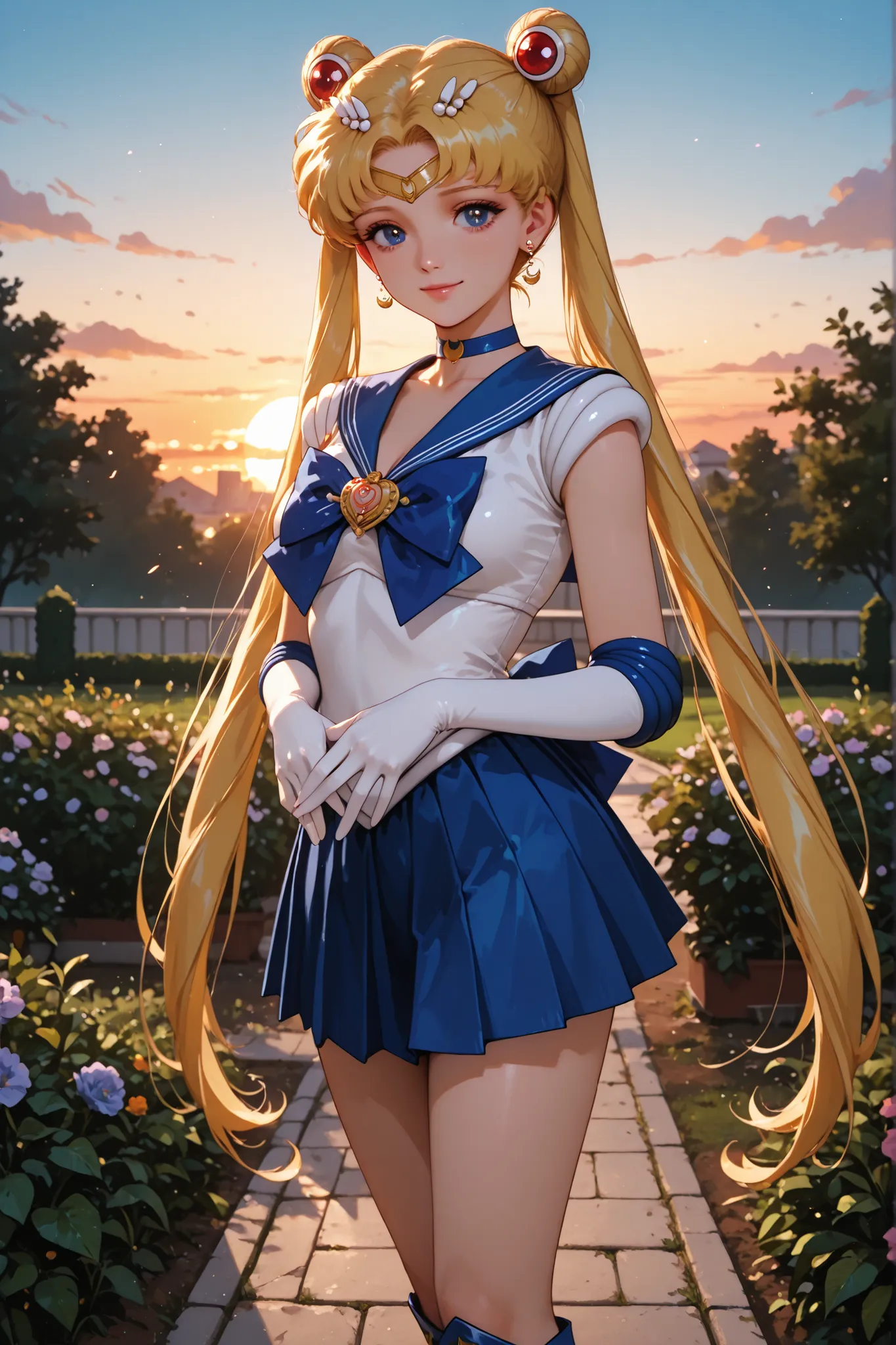 1girl, tsukino usagi, sailor moon, blonde hair, double bun, twintails, blue eyes, circlet, earring, blue eyes, royalblue choker, royal blue sailor collar, deeppink bowtie, white shirt, white elbow gloves, royalblue skirt, pleated skirt, deeppink boots, out...