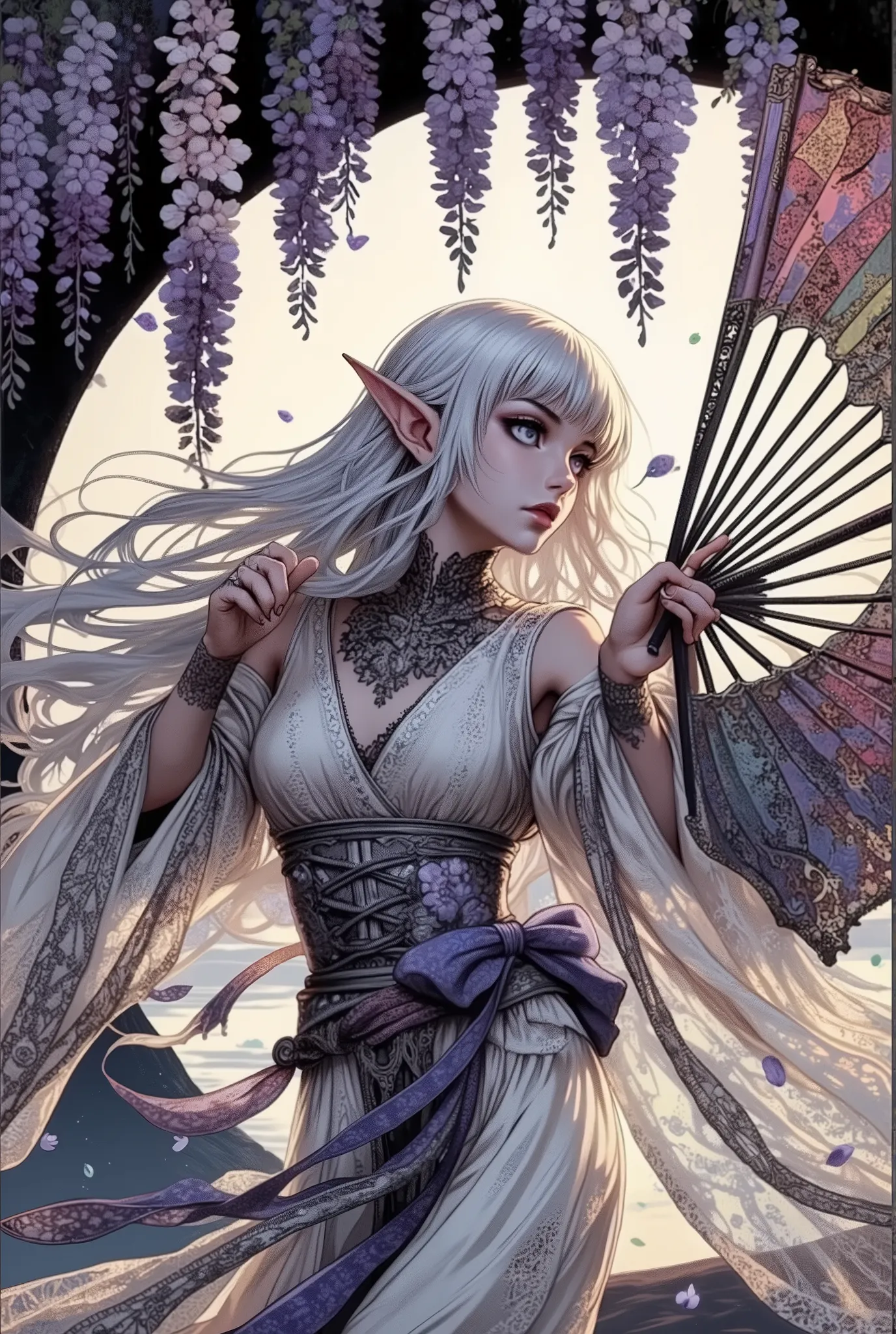 (Ultra-detailed face, Looking Away, Gothic Illustration, Dark Tone Colors. One thumb and four fingers.) , BREAK
(A dark elf female martial artist twists and turns her body in large movements as she walks, fluttering a medieval Japanese rainbow-colored fan...