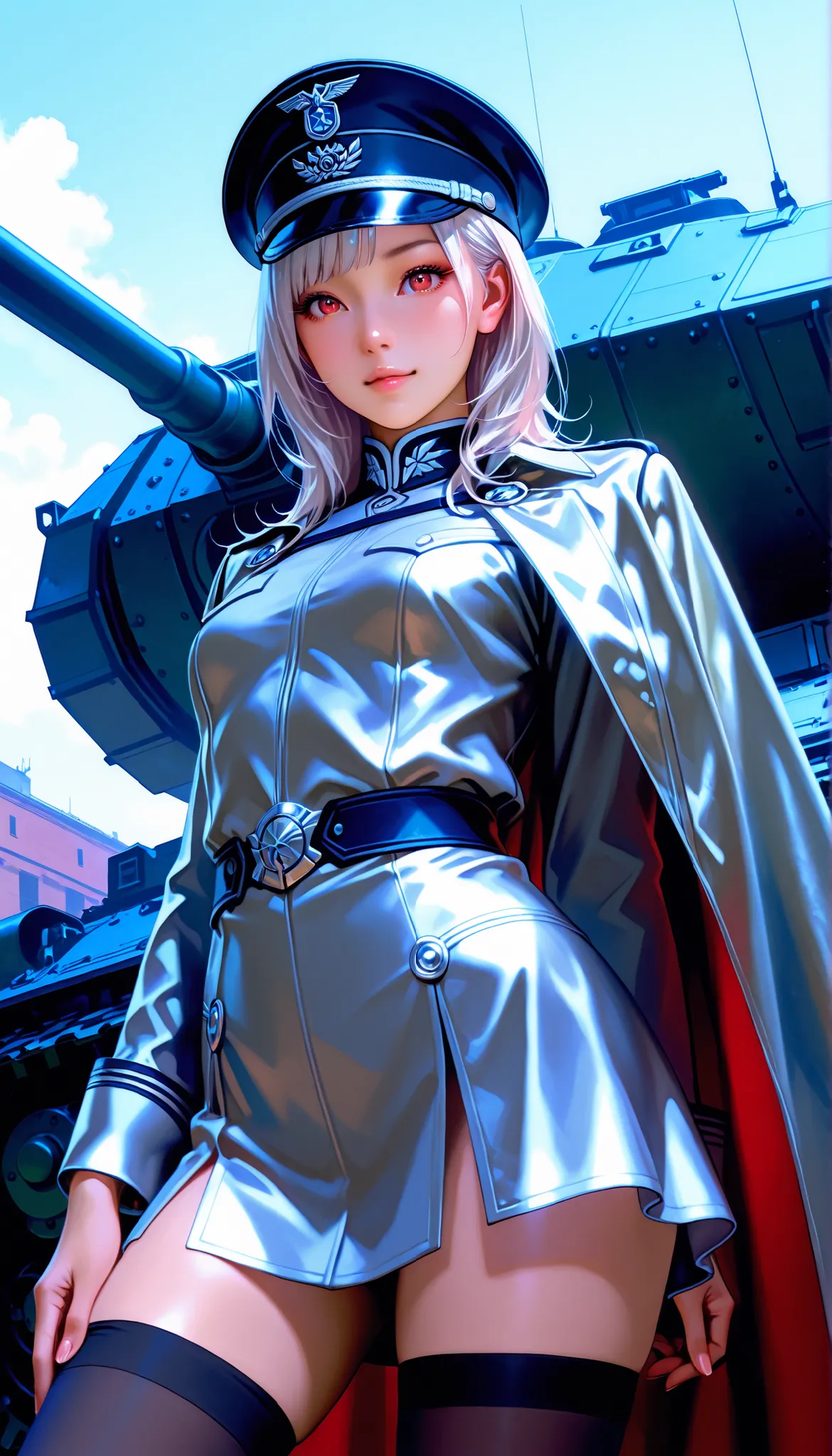 YS-lllu,1girl, (Small Breasts), (red eyes:1.2), from below, looking at viewer, 
 TFMTG, black legwear, mini skirt, silver hair,silver officer hat
RAW photos, (Top quality:1.3), high resolution, (masterpiece), (Photoreal:1.3), PROFESSIONAL PHOTOGRAPHY, clea...