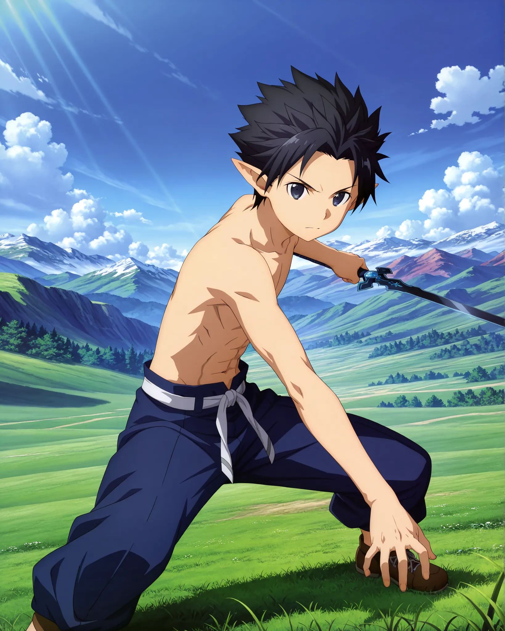 masterpiece, best quality, Ultra High Resolution, absurdres, anime style, 1boy, kazuto_kirigaya_alo, black hair, short hair, black eyes, pointy ears, spiked hair, solo, topless, Battle pose, sao-alo, with his right hand holding a black sword, with his left...