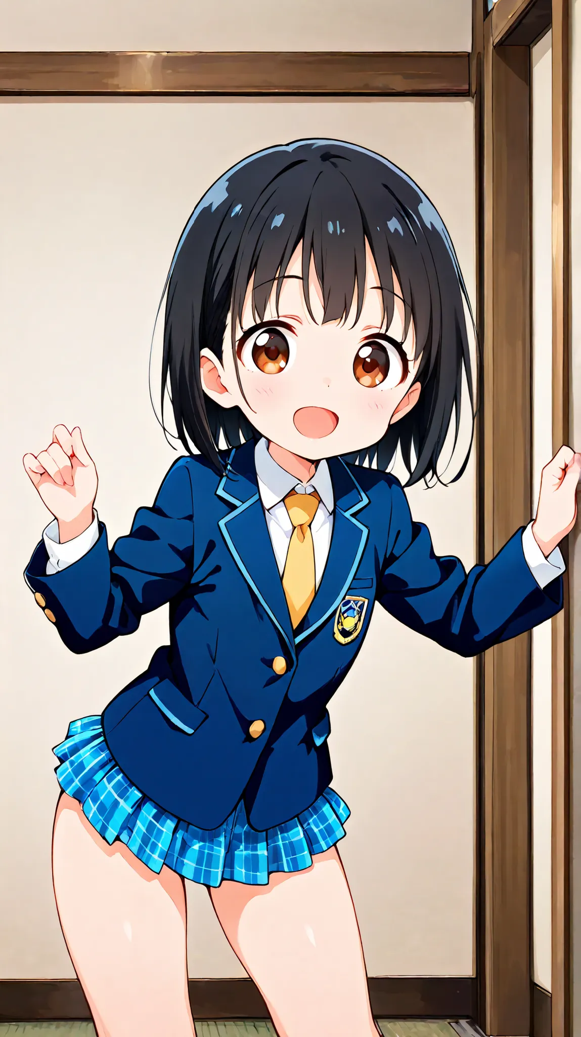 ,((anime style)),score_9, score_8_up, score_7_up,masterpiece, best quality,ultra detail,
,negishi masako ,1girl , ((solo)),
short hair,black hair ,brown eyes,round eyes,(Flat Chest),
school uniform,(((blue blazer))),light blue checkered Pleated mini skirt,...