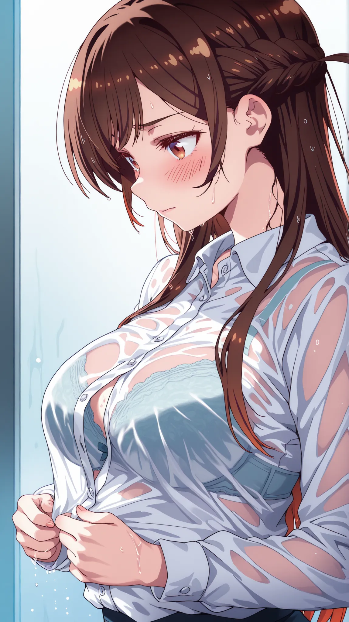 Mizuhara Chizuru unbuttoning her wet shirt, transparent shirt soaked, bra unbuttoned in the center, viso sexy, A bit of a side view, posa intrigante,  long brown hair , sguardo imbarazzato, blush, molto bagnata 