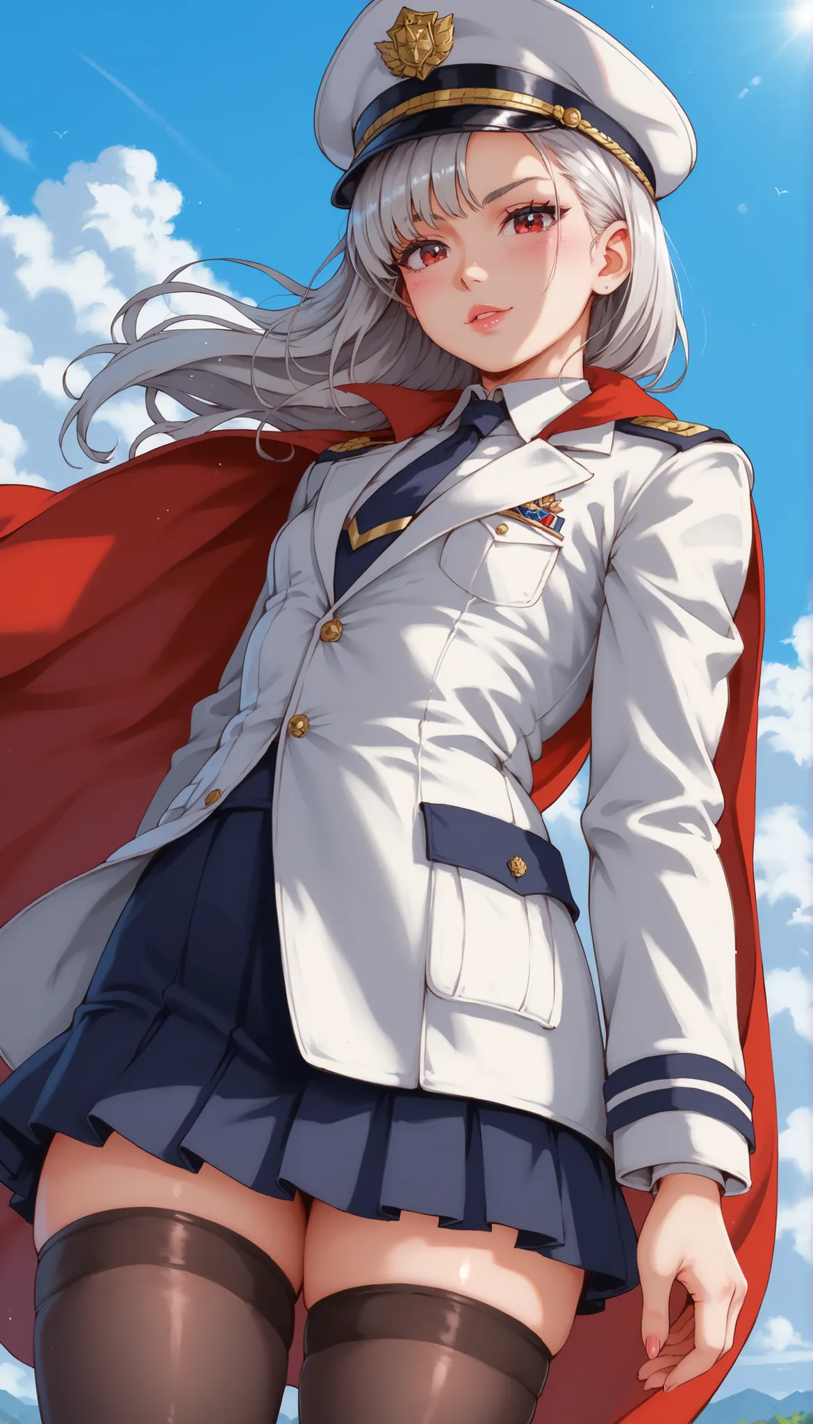YS-lllu,1girl, (Small Breasts), (red eyes:1.2), from below, looking at viewer,
TFMTG, black legwear, mini skirt, silver hair,silver officer hat
RAW photos, (Top quality:1.3), high resolution, (masterpiece), (Photoreal:1.3), PROFESSIONAL PHOTOGRAPHY, clea...
