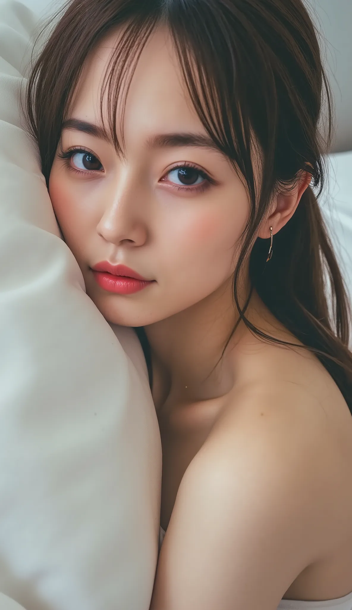 Photo credit。最 high quality、 Masterpiece、超 high resolution、 Add、Arm pillow right next to the bed、 edge orgasm 、Writhe、whole body,  Aerial View,( photorealistic:1.4)、 RAW photos 、 1 girl、 Model Body Type、 looks down at a girl fellatio from above、 Sweatskin、...