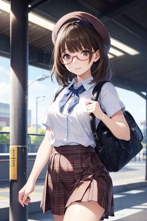 ((Top quality、masterpiece、high sensitivity、high definition、detailed depiction、Draw Delicate Faces、Ｆvalue：6.0),((Slender woman、wearing glasses)),tartan check wrap skirt、cropped short sleeve knit、Wearing a beret、Carrying a rucksack on your shoulders、 walking down the pedestrian crossing 、, ,,   ，， ,   ，,
. 、.,, 



 ,,  ,( masterpiece, best quality, high resolution, ultra high resolution, pixel perfect, depth of field, 4K, RTTX10.0), 、Anegasaki Nene, shiny brown hair, beautiful brown eyes, smiling face, sparkling pupils, (fine grain), , highly detailed face,, (masterpiece:1.2, best quality), ((only1 girl)), ((cowboy shot：1.5))