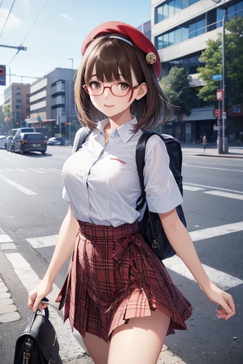((Top quality、masterpiece、high sensitivity、high definition、detailed depiction、Draw Delicate Faces、Ｆvalue：6.0),((Slender woman、wearing glasses)),tartan check wrap skirt、cropped short sleeve knit、Wearing a beret、Carrying a rucksack on your shoulders、 walking down the pedestrian crossing 、, ,,   ，， ,   ，,
. 、.,, 



 ,,  ,( masterpiece, best quality, high resolution, ultra high resolution, pixel perfect, depth of field, 4K, RTTX10.0), 、Anegasaki Nene, shiny brown hair, beautiful brown eyes, smiling face, sparkling pupils, (fine grain), , highly detailed face,, (masterpiece:1.2, best quality), ((only1 girl)), ((cowboy shot：1.5))