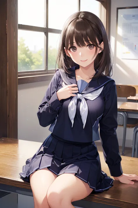 (8k、Top Quality、masterpiece:1.2)、(Realistic、Super Detailed、super A high resolution、beautiful detailed faces,Group Selfies -,(1girl,Black Long Hair),(School Uniform,Sailor Suit,purple shirt,Navy Skirt,white tie),Sit at a desk,knee to chest,Chest,side in the double,throw,weapons,,  ,( masterpiece, best quality, high resolution, ultra high resolution, pixel perfect, depth of field, 4K, RTTX10.0), 、Anegasaki Nene, shiny brown hair, beautiful brown eyes, smiling face, sparkling pupils, (fine grain), , highly detailed face,, (masterpiece:1.2, best quality), ((only1 girl)), ((cowboy shot：1.5))
