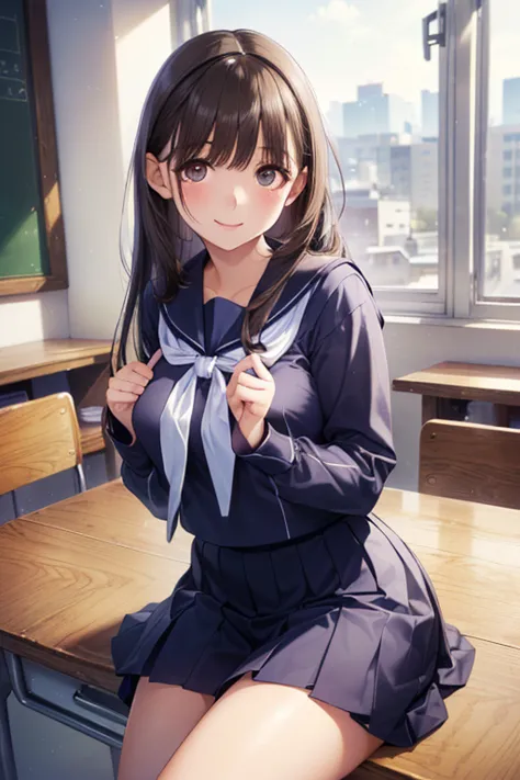 (8k、Top Quality、masterpiece:1.2)、(Realistic、Super Detailed、super A high resolution、beautiful detailed faces,Group Selfies -,(1girl,Black Long Hair),(School Uniform,Sailor Suit,purple shirt,Navy Skirt,white tie),Sit at a desk,knee to chest,Chest,side in the double,throw,weapons,,  ,( masterpiece, best quality, high resolution, ultra high resolution, pixel perfect, depth of field, 4K, RTTX10.0), 、Anegasaki Nene, shiny brown hair, beautiful brown eyes, smiling face, sparkling pupils, (fine grain), , highly detailed face,, (masterpiece:1.2, best quality), ((only1 girl)), ((cowboy shot：1.5))