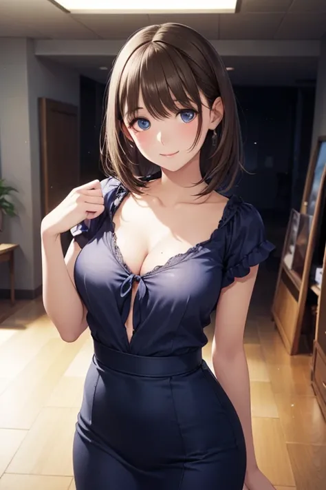 portrait, Realistic, elegant mature woman, blue eyes, blond hair, Big breasts, 4K resolution for hard hair, Beautiful CG, soft light, elegant expression, sophisticated appearance, Charming Smiles, Smooth skin, Graceful Posture, skillful makeup, HDR, UHD, Studio Lighting, Superb oil painting, clear focus, Physically Based Rendering, perfect in every detail, professional looking down at viewers, Vivid colors, bokeh,,  ,( masterpiece, best quality, high resolution, ultra high resolution, pixel perfect, depth of field, 4K, RTTX10.0), 、Anegasaki Nene, shiny brown hair, beautiful brown eyes, smiling face, sparkling pupils, (fine grain), , highly detailed face,, (masterpiece:1.2, best quality), ((only1 girl)), ((cowboy shot：1.5))