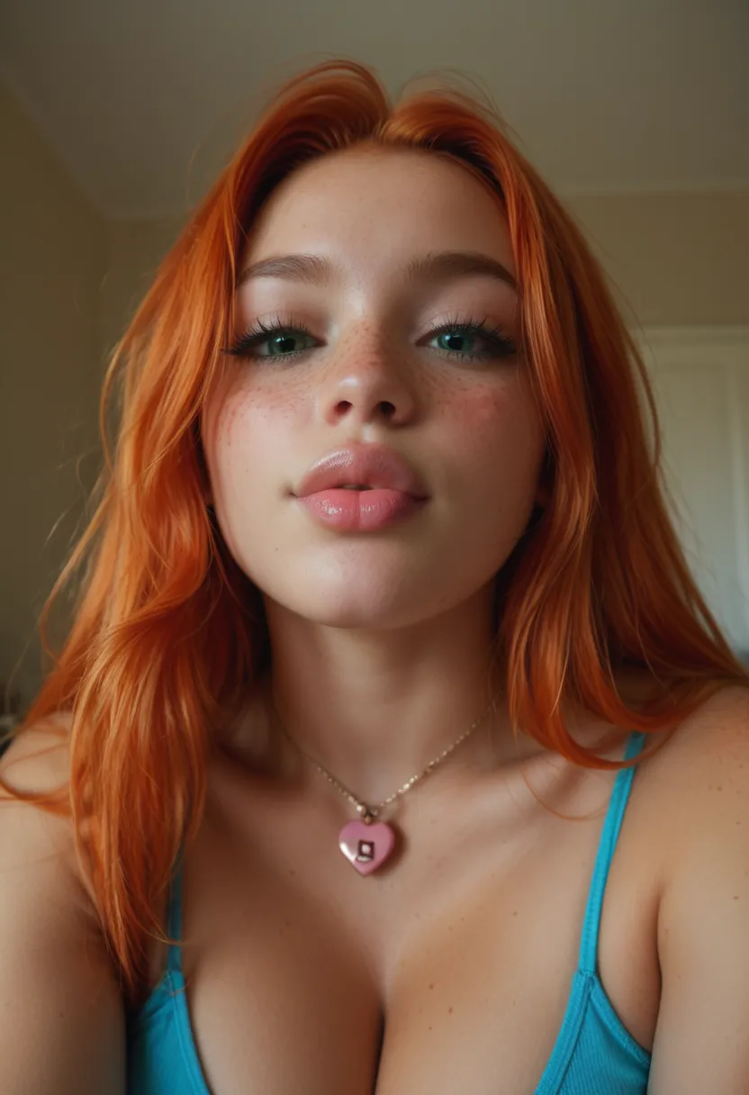 tiny ULTRA REALISTIC, cute girl, cute face, big green eyes, full lips, long orange red hair pink lock, skinny, huge breast, Extra huge ASS, thick thighs, pale skin, a lot of freckles, TINNY WAIST. Close-up face suck dick