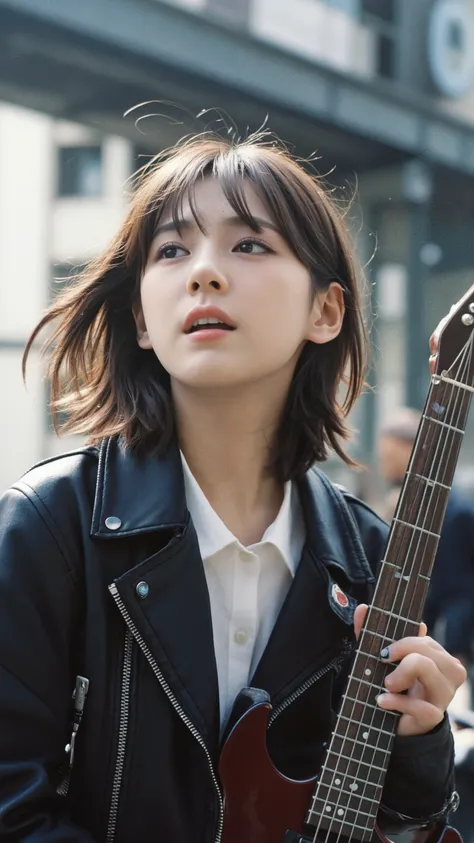 photorealistic, ultra-detailed, cinematic lighting, (hair with blue inner color), ((very very short hair:1.5, Cecil cut:1.5)), (boyish style:1.3), (view from below:1.5), (Tokyo street, street performance, singing passionately), ((band girl, leather jacket...