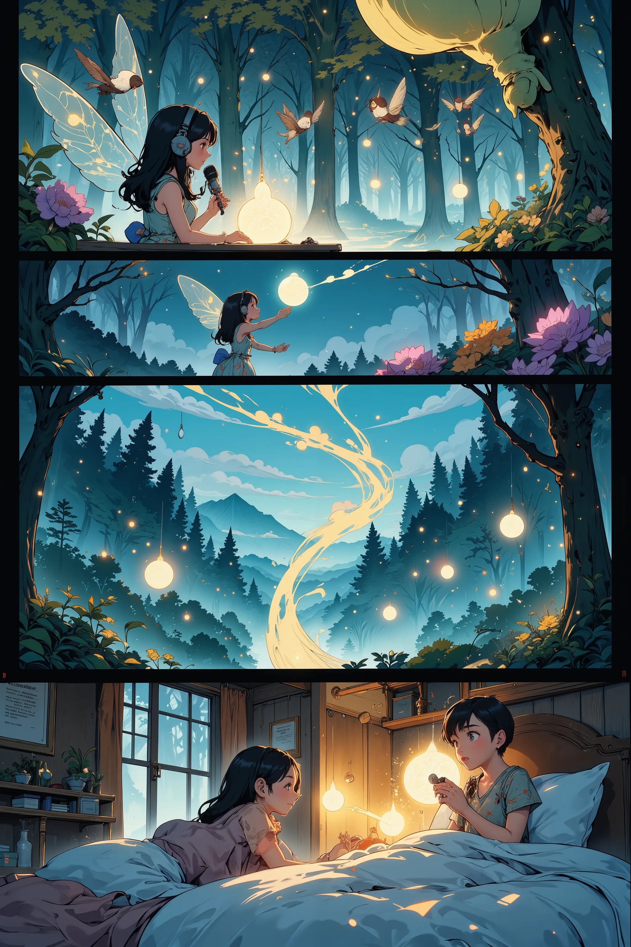 A single fantasy illustration with a continuous enchanted landscape as the main background — glowing forests, floating lights, and soft mist in the air. The image is gently divided into three vertical sections with soft lighting and gradient transitions, n...